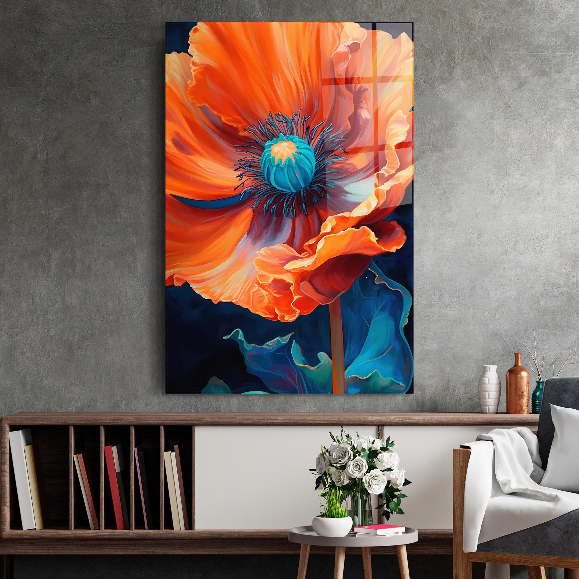 Glasbild Orange Blue Poppy mockup 2