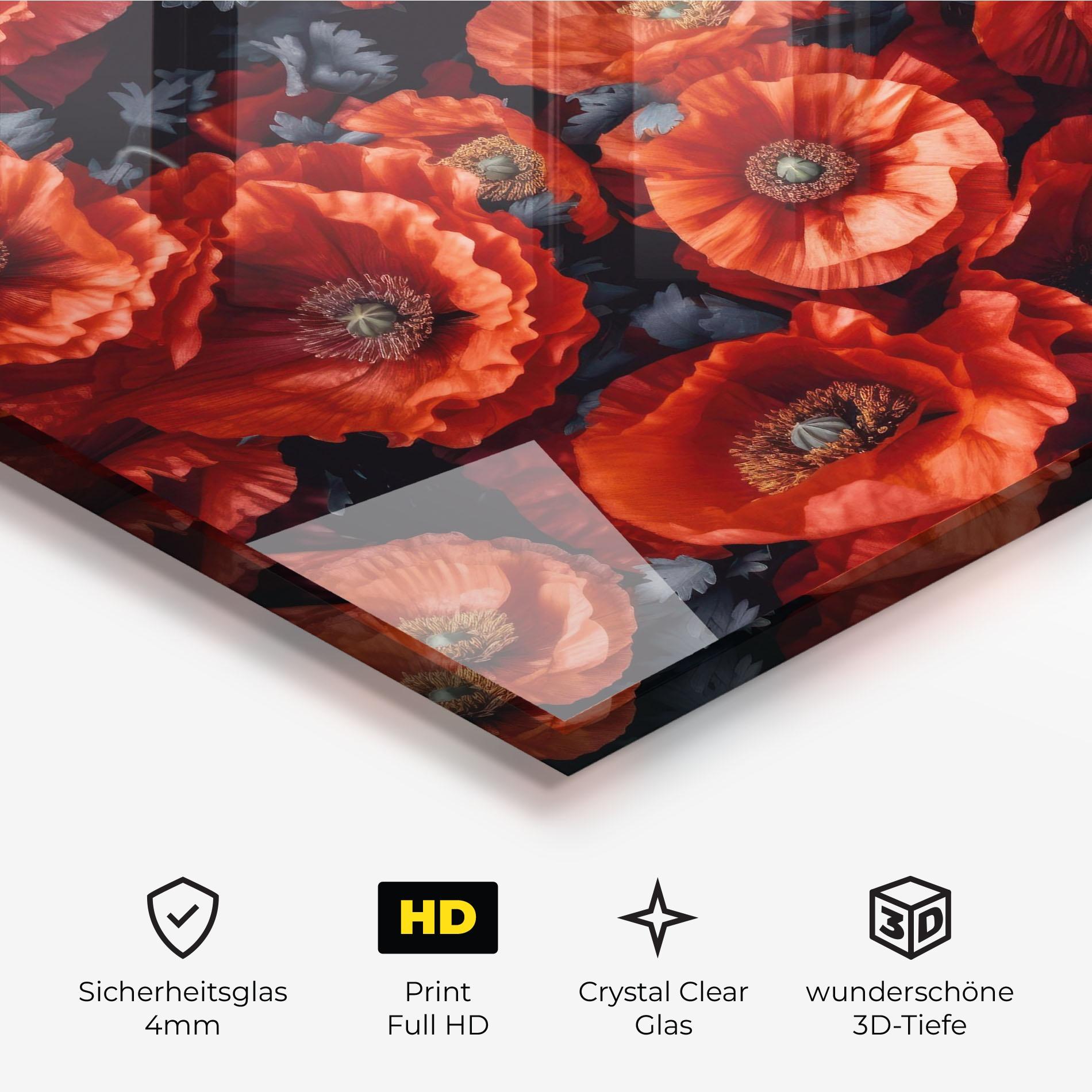 Glasbild Black Red Poppies mockup 3
