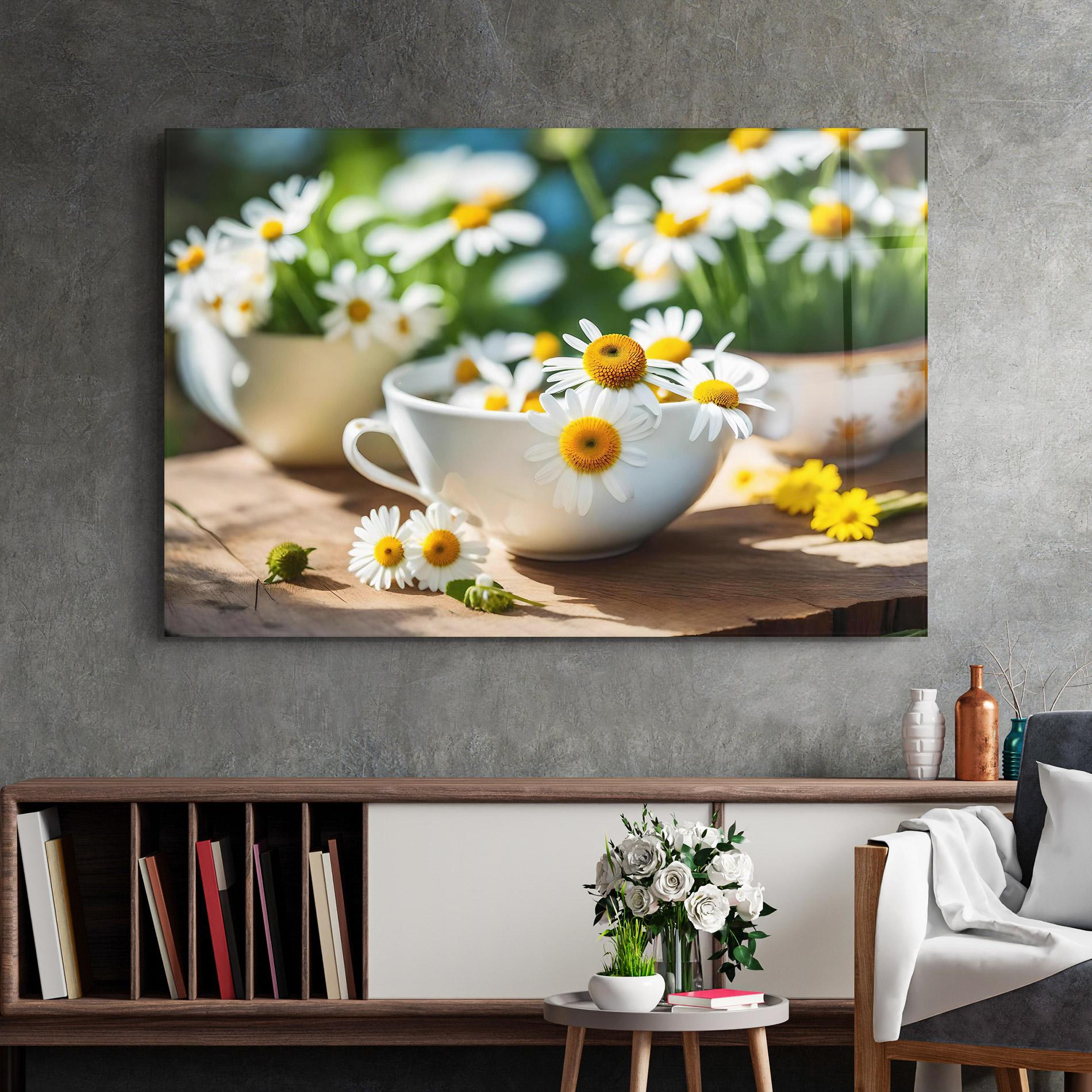 Glasbild Daisies In A Cup mockup 2