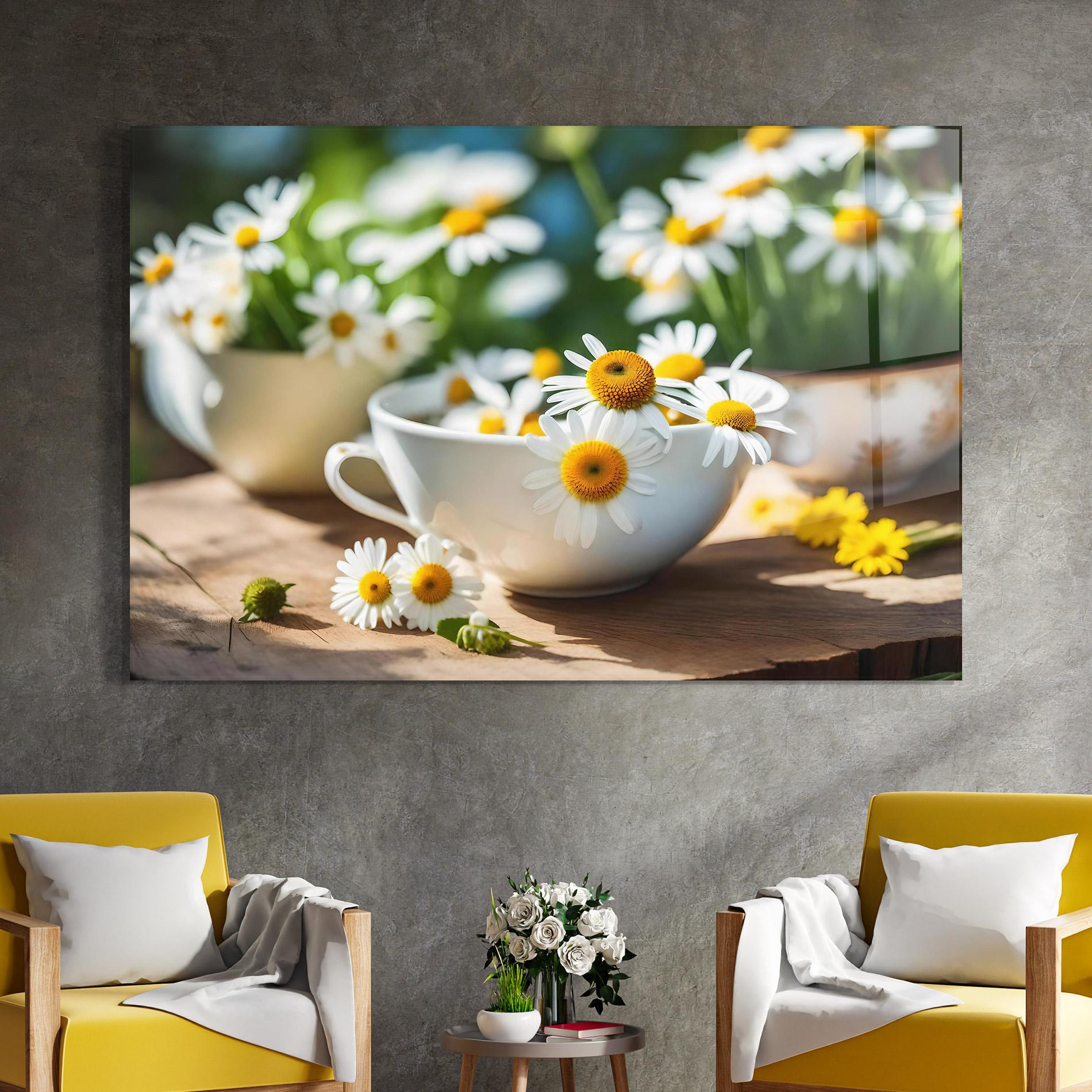 Glasbild Daisies In A Cup mockup 4