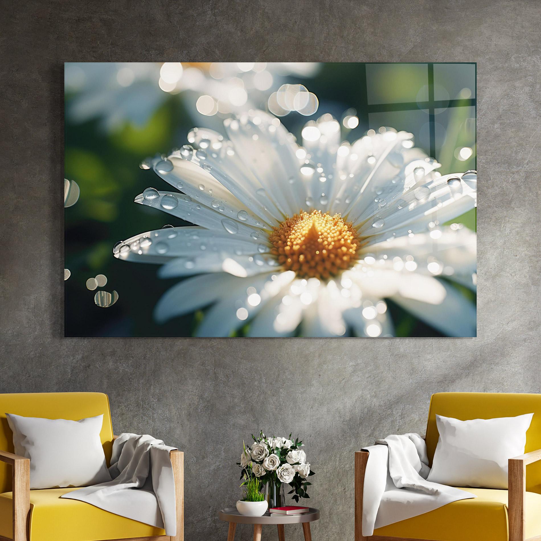 Glasbild Daisy After Rain Close Up mockup 4