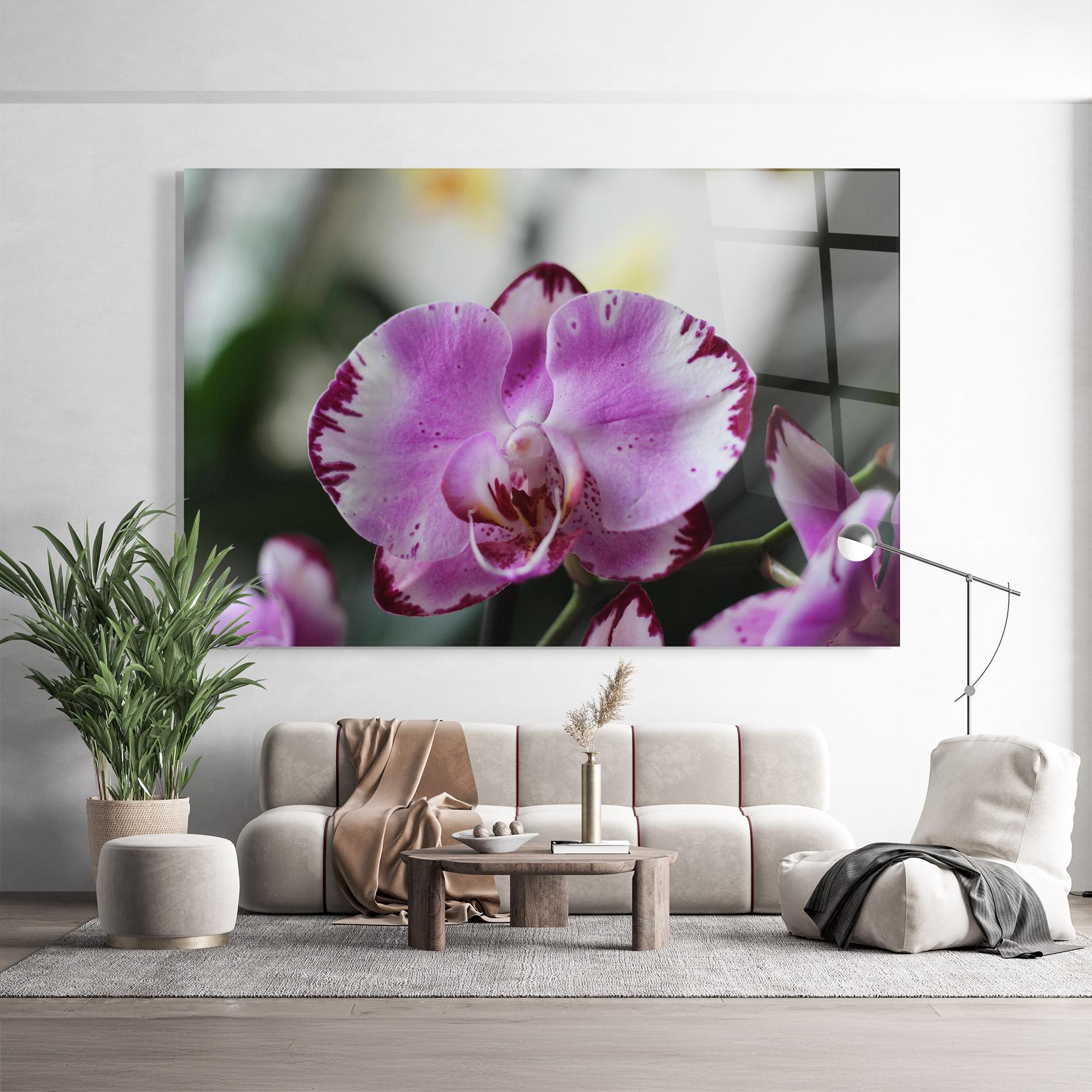 Glasbild Dark Purple Orchids In Nature mockup 9