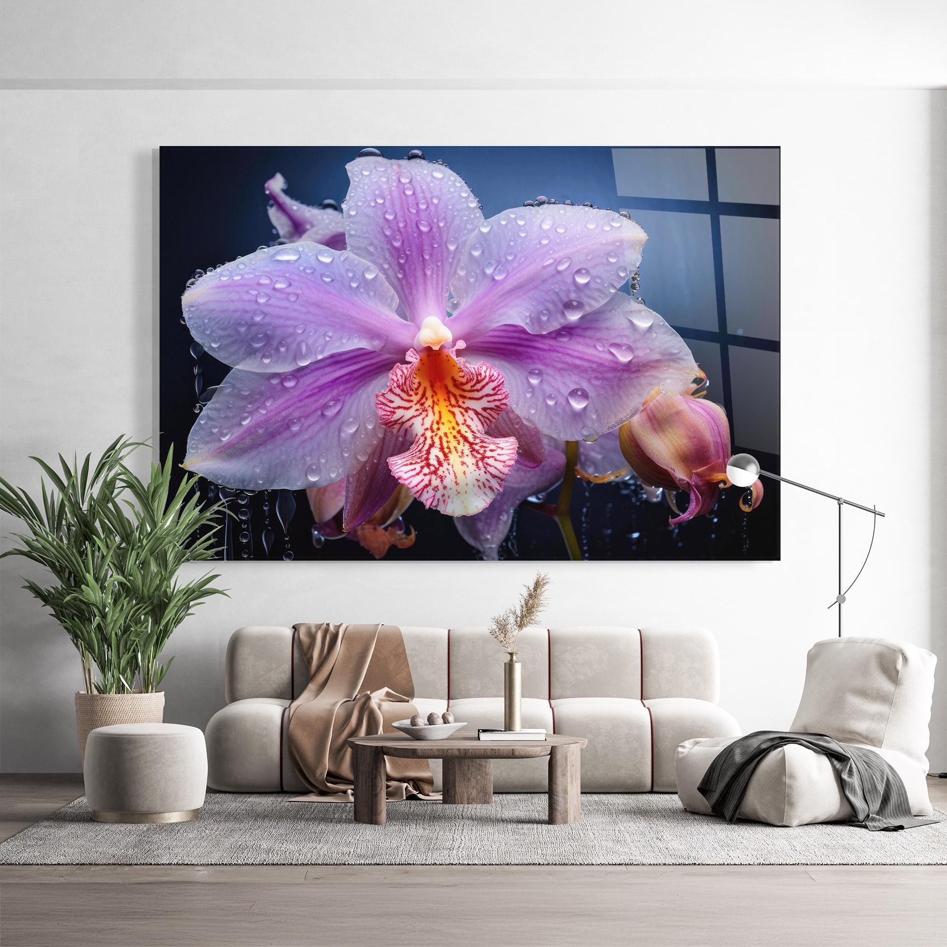 Glasbild Orchid In Rain mockup 9