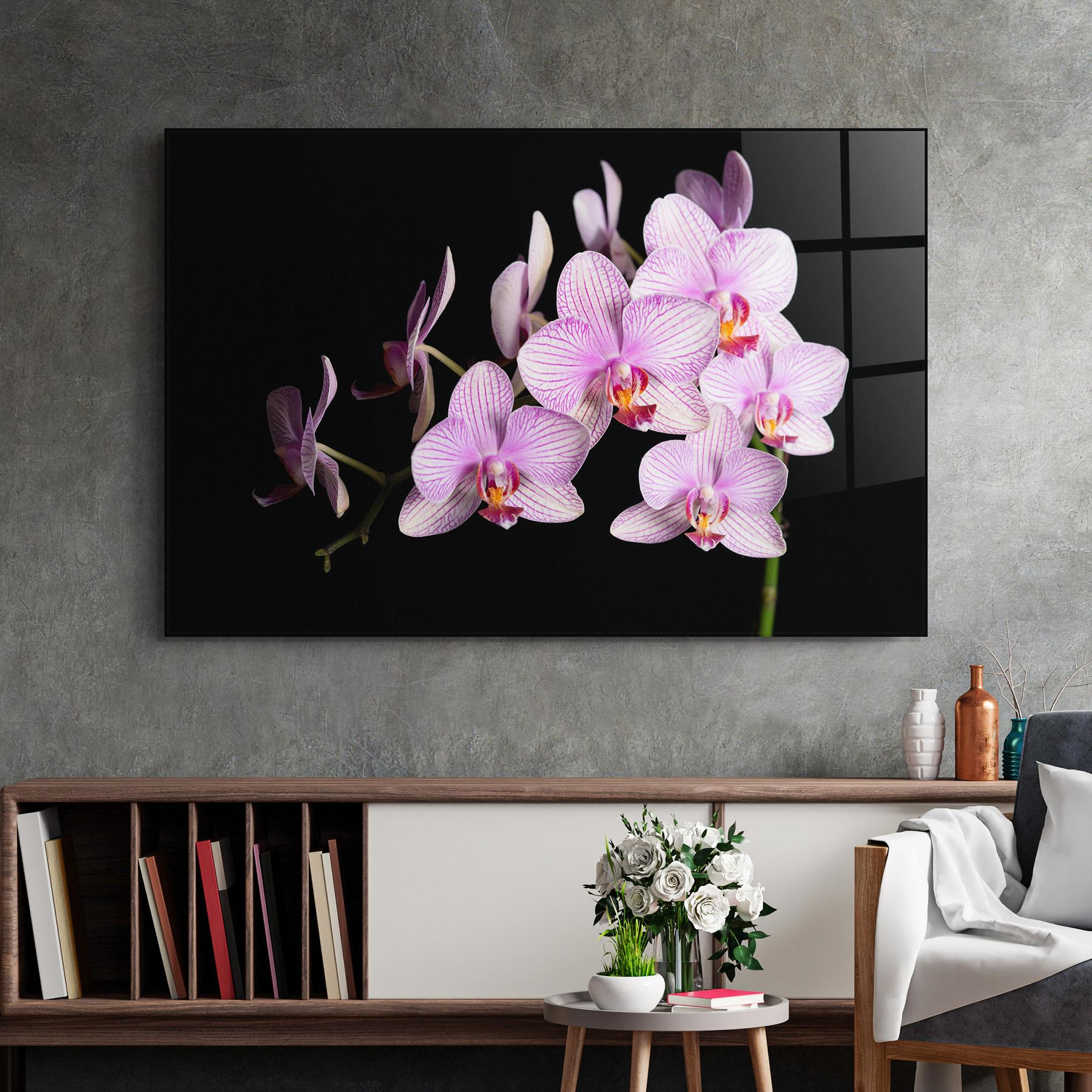 Glasbild Beautiful Orchids On Black mockup 2
