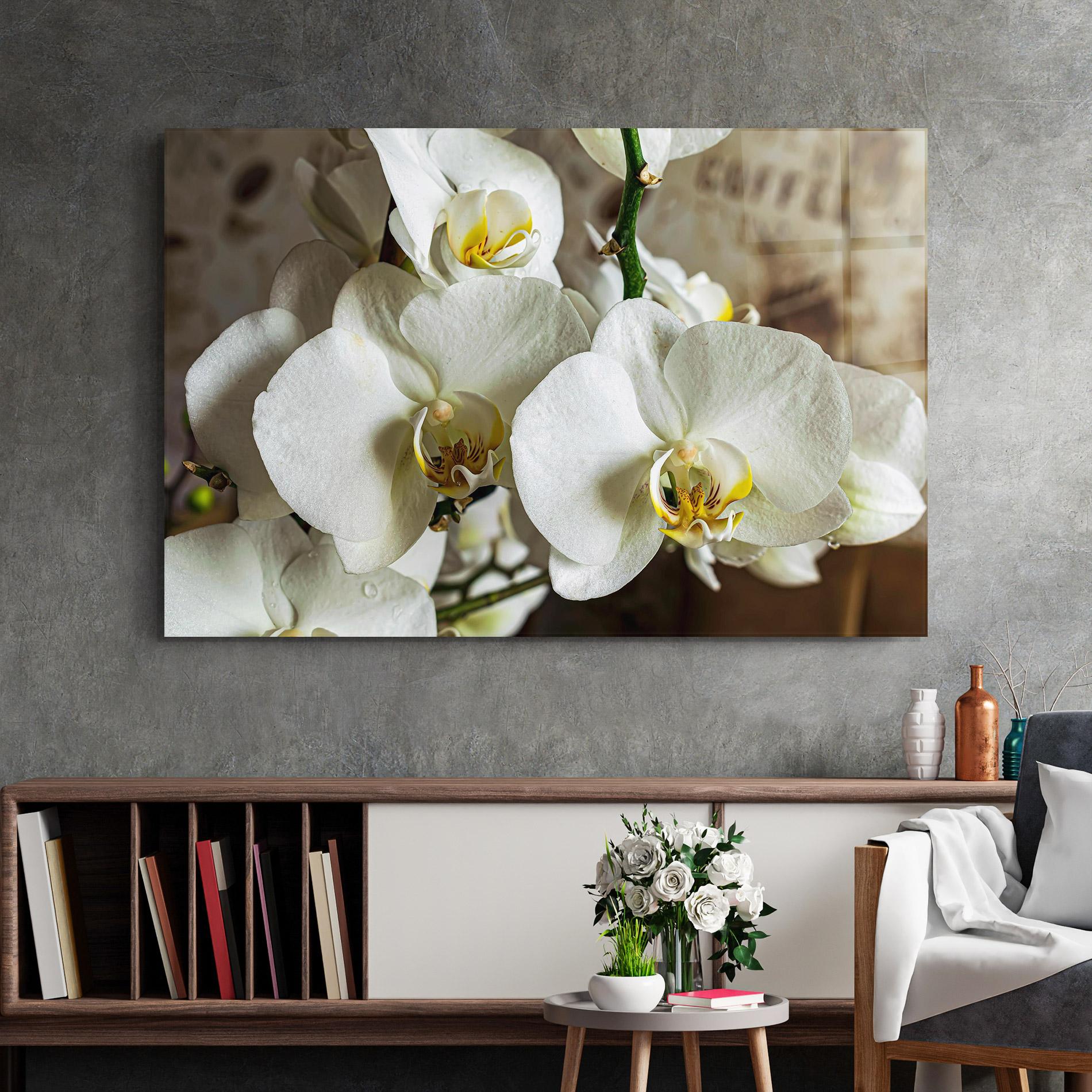 Glasbild Beautiful White Orchids mockup 2