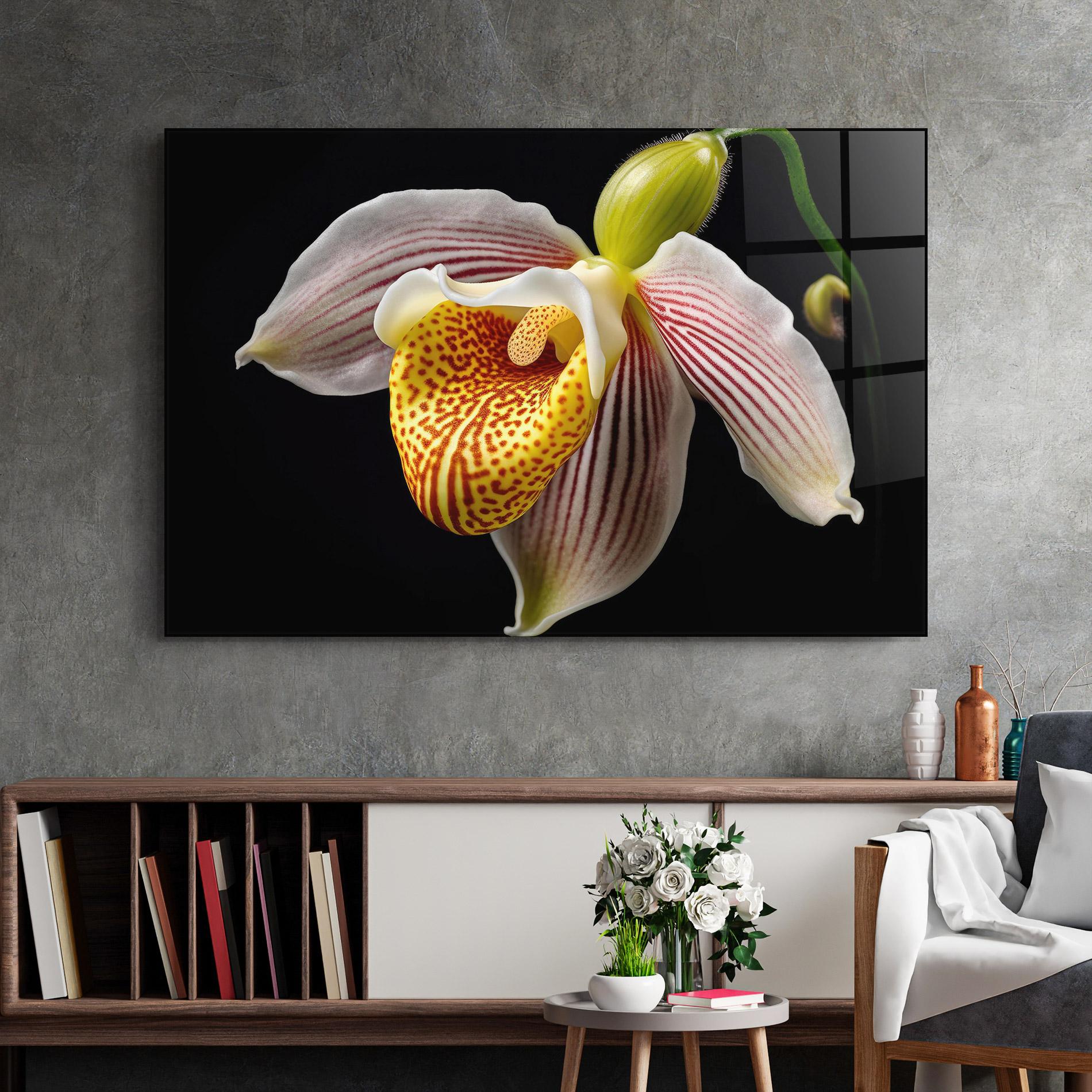 Glasbild Orchid On Black mockup 2