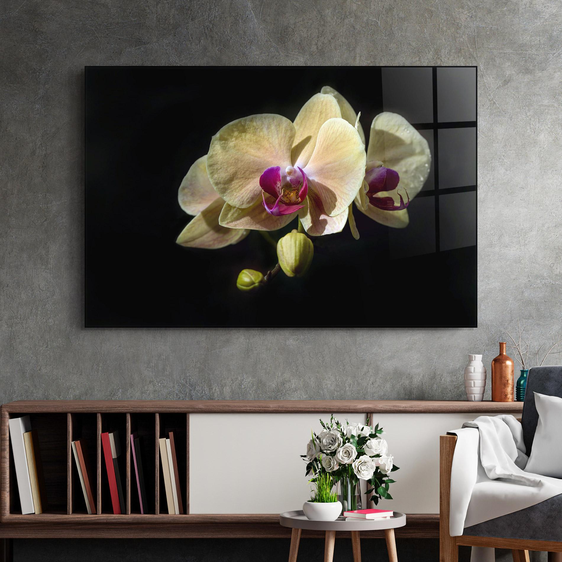 Glasbild Pastel Yellow Orchids mockup 2