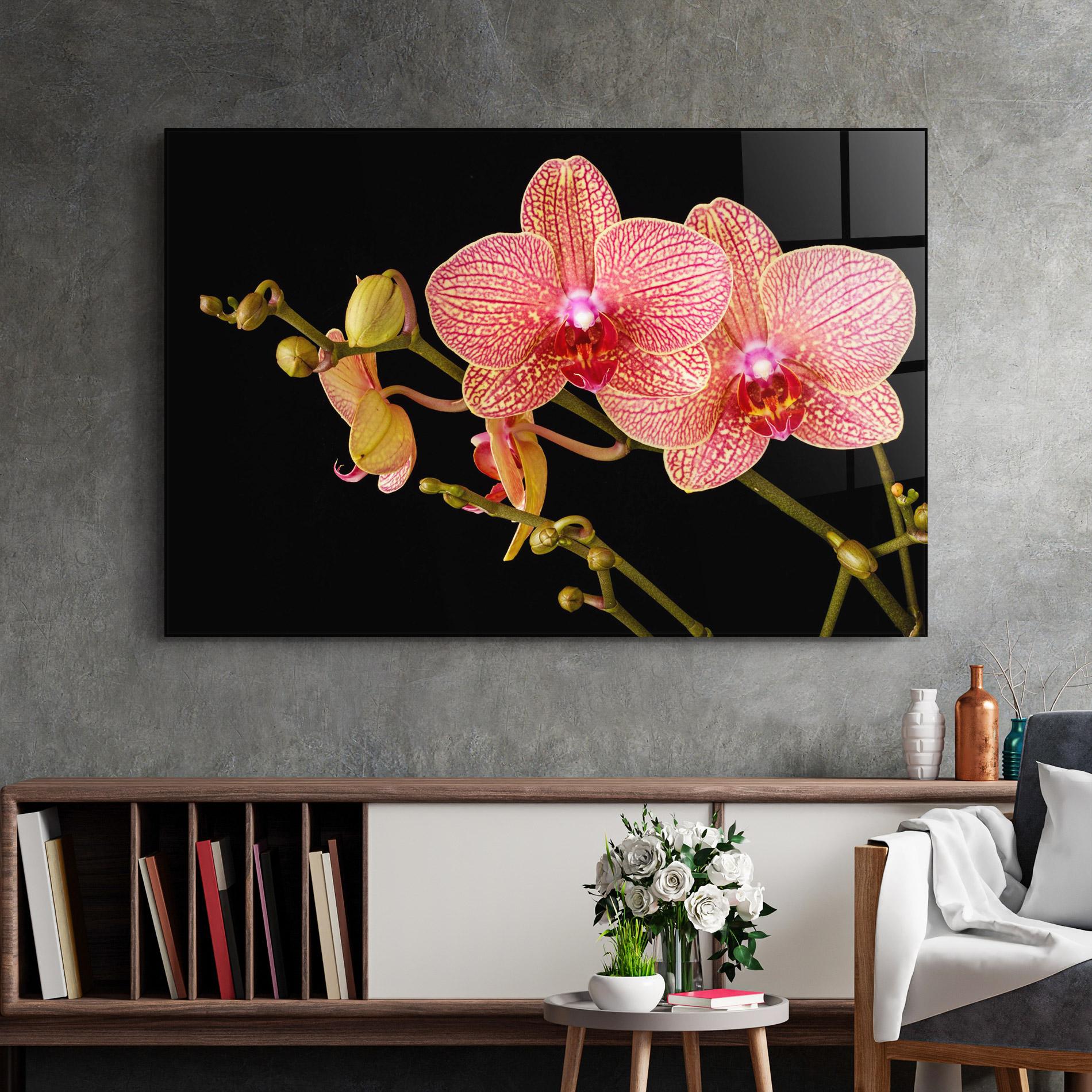 Glasbild Pink Orchids On Black mockup 2