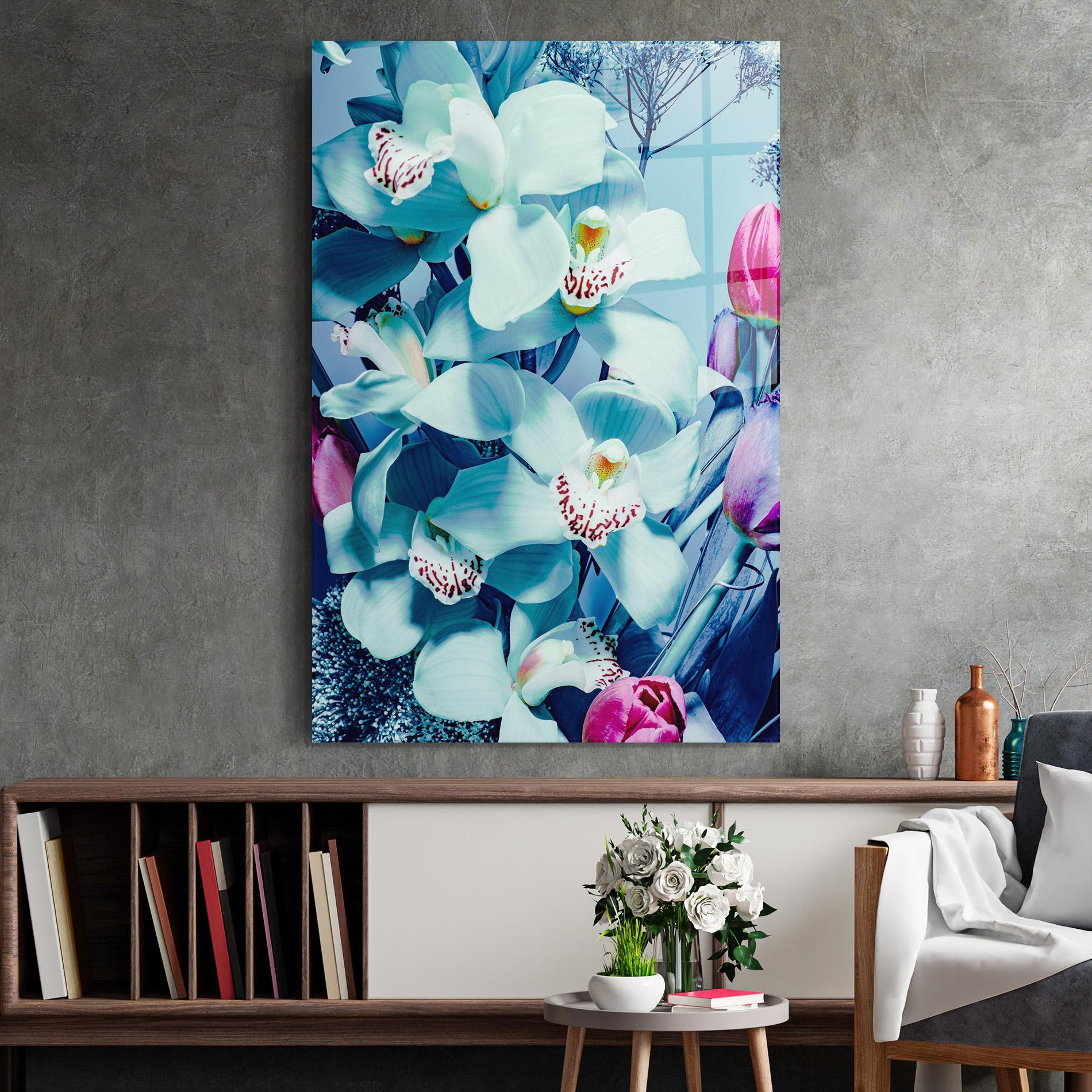 Glasbild Light Blue Orchids mockup 2