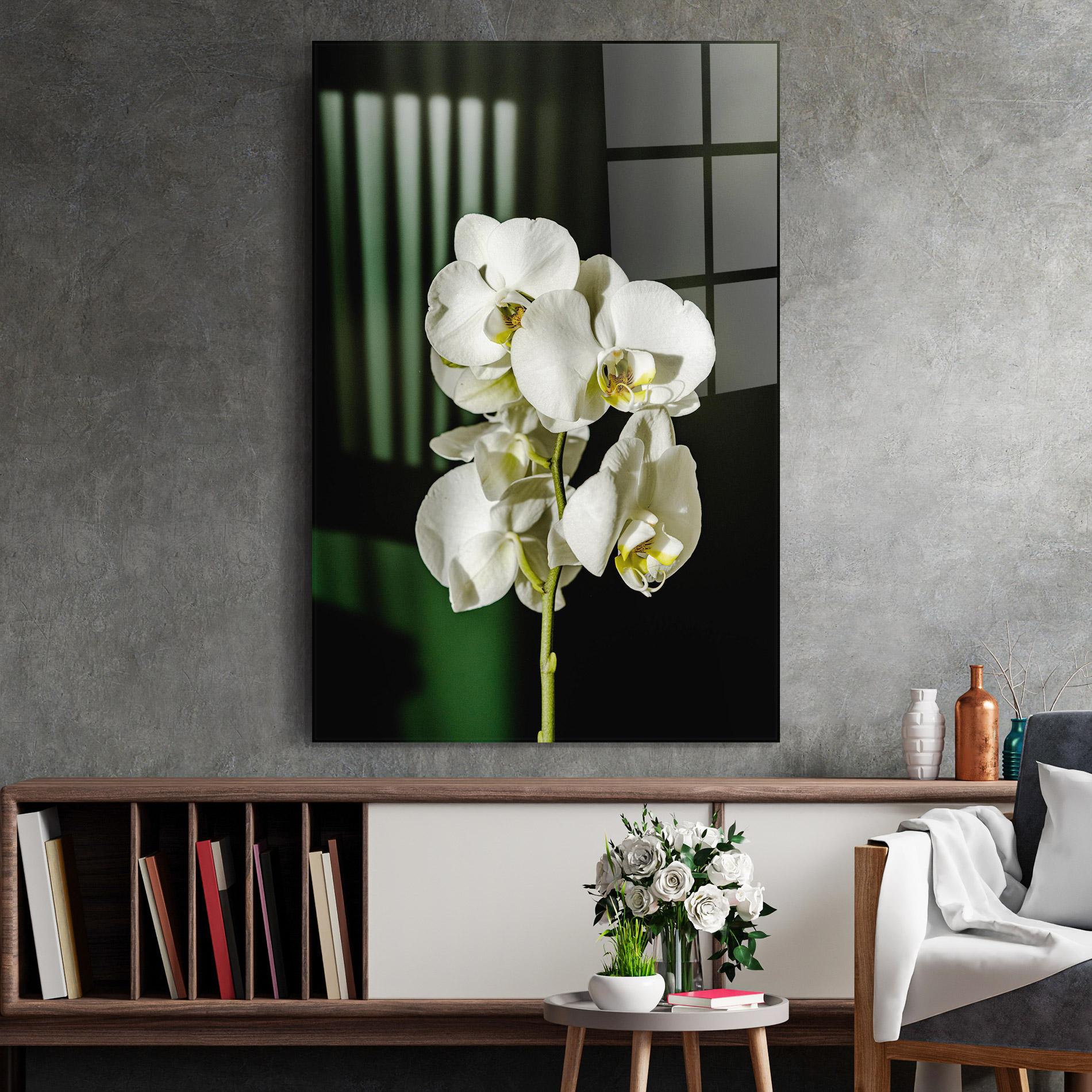 Glasbild Orchid On Green mockup 2