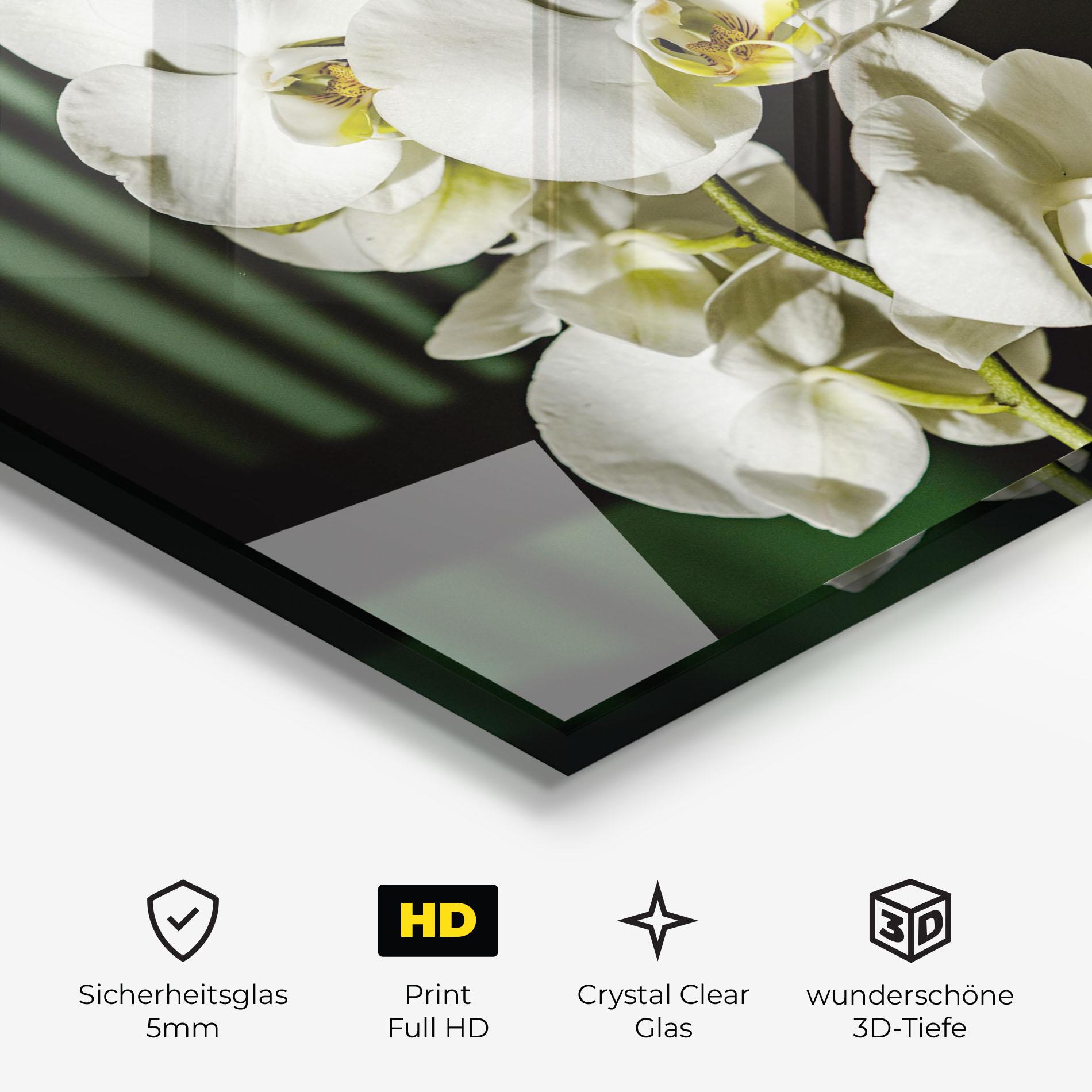 Glasbild Orchid On Green mockup 3