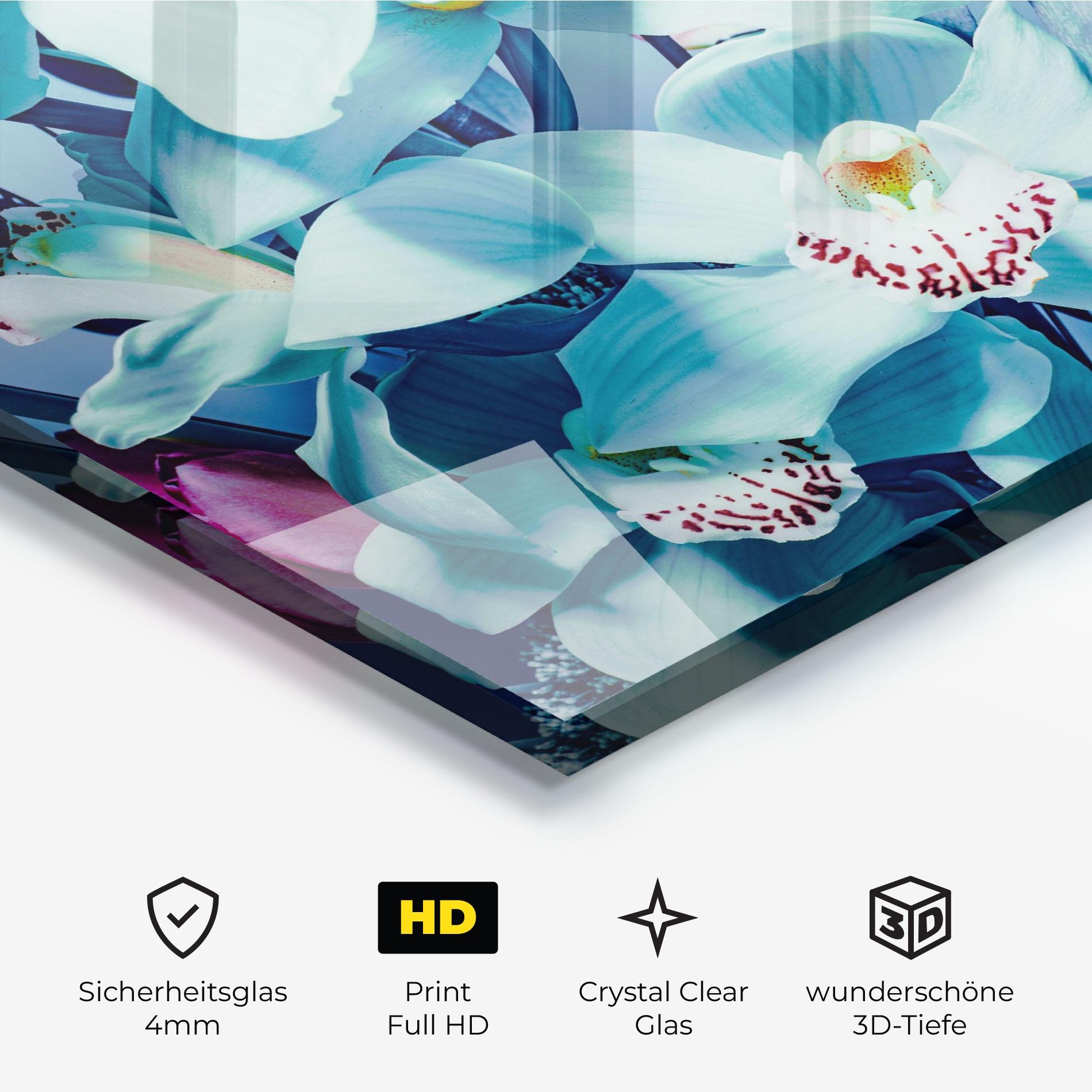 Glasbild Light Blue Orchids mockup 3