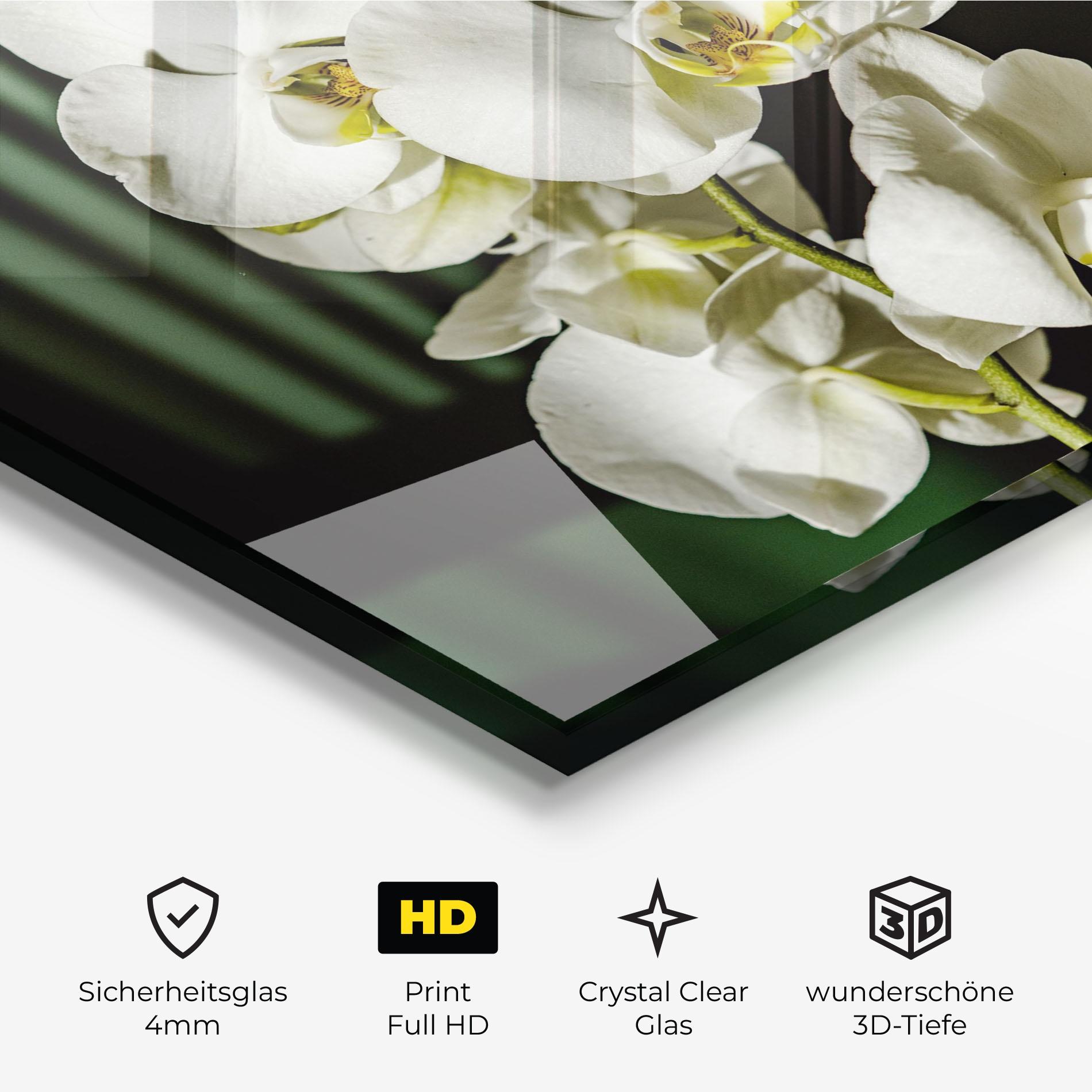 Glasbild Orchid On Green mockup 3