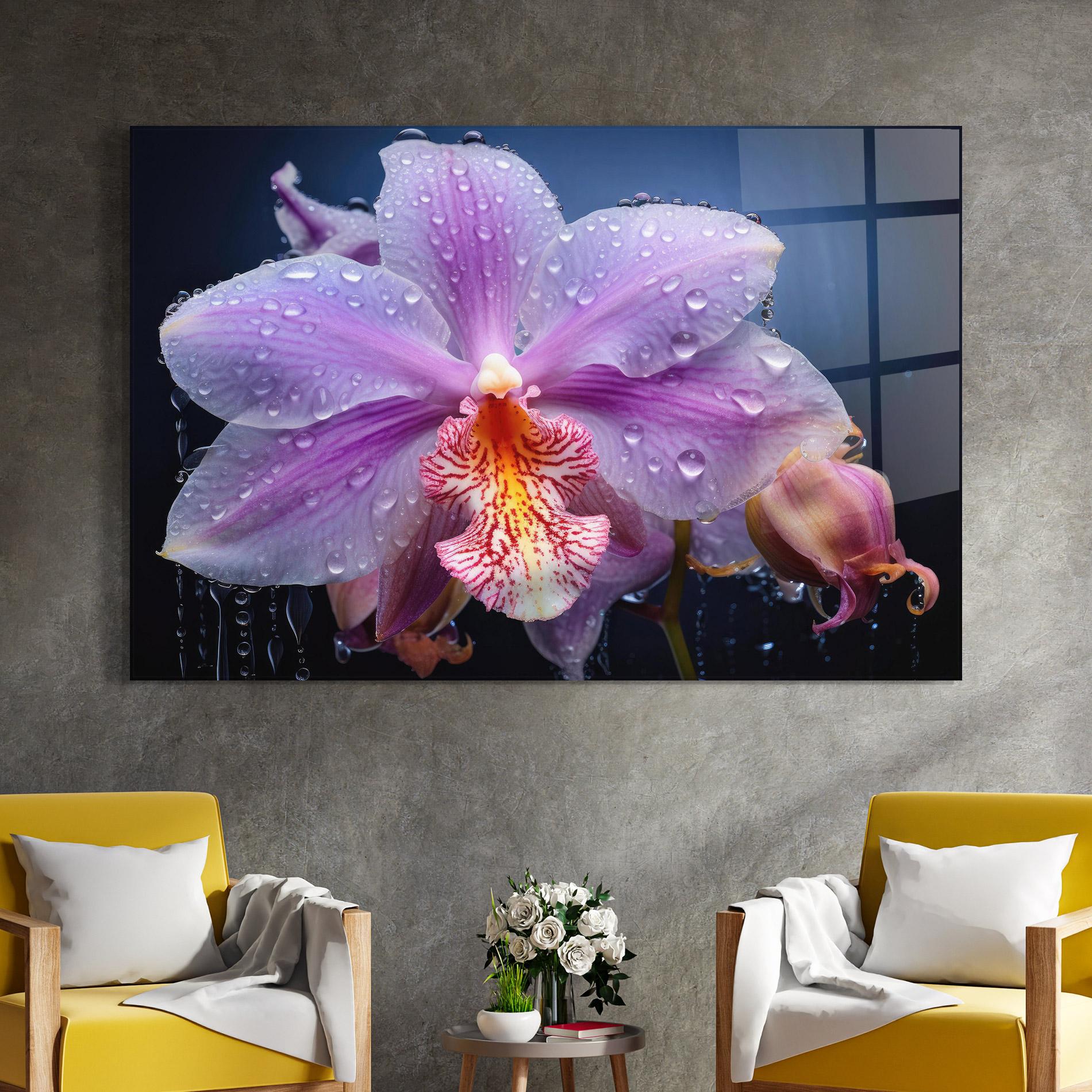 Glasbild Orchid In Rain mockup 4