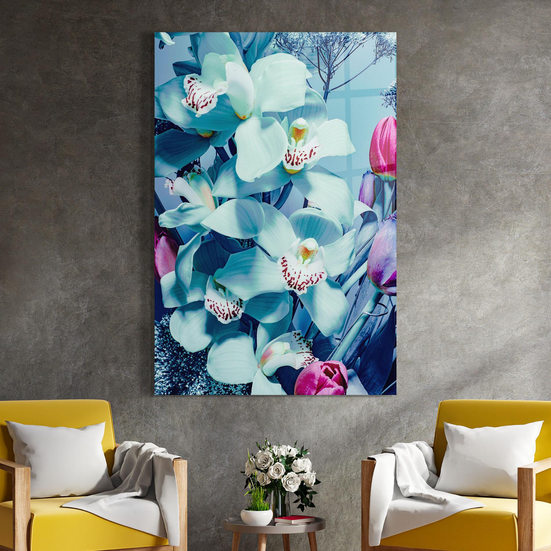 Glasbild Light Blue Orchids mockup 4