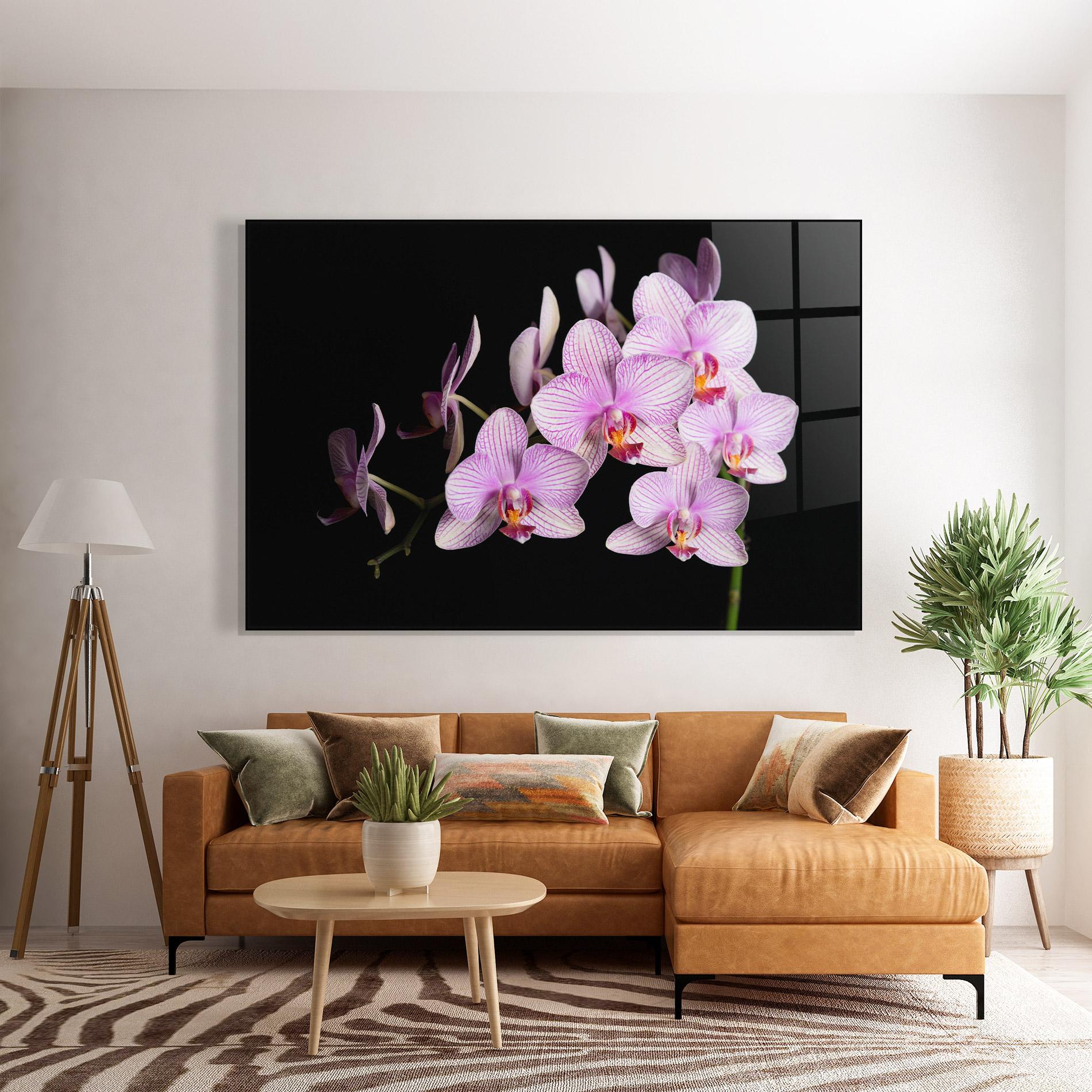 Glasbild Beautiful Orchids On Black mockup 7