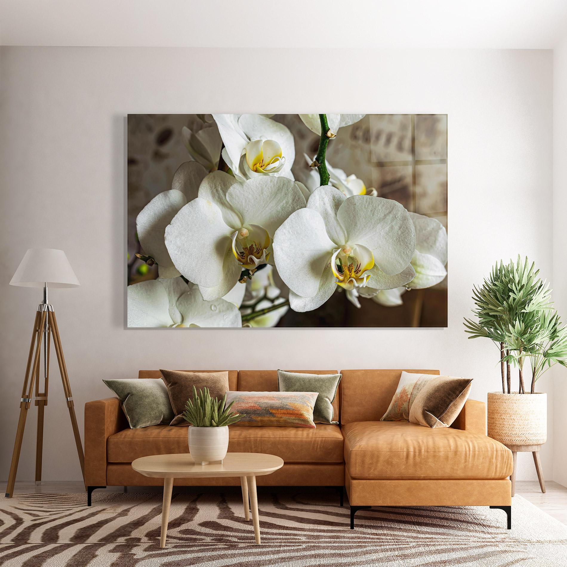 Glasbild Beautiful White Orchids mockup 7