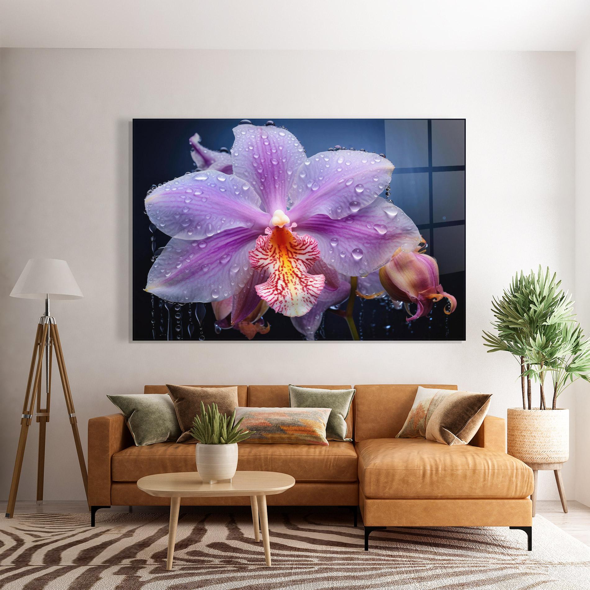 Glasbild Orchid In Rain mockup 7