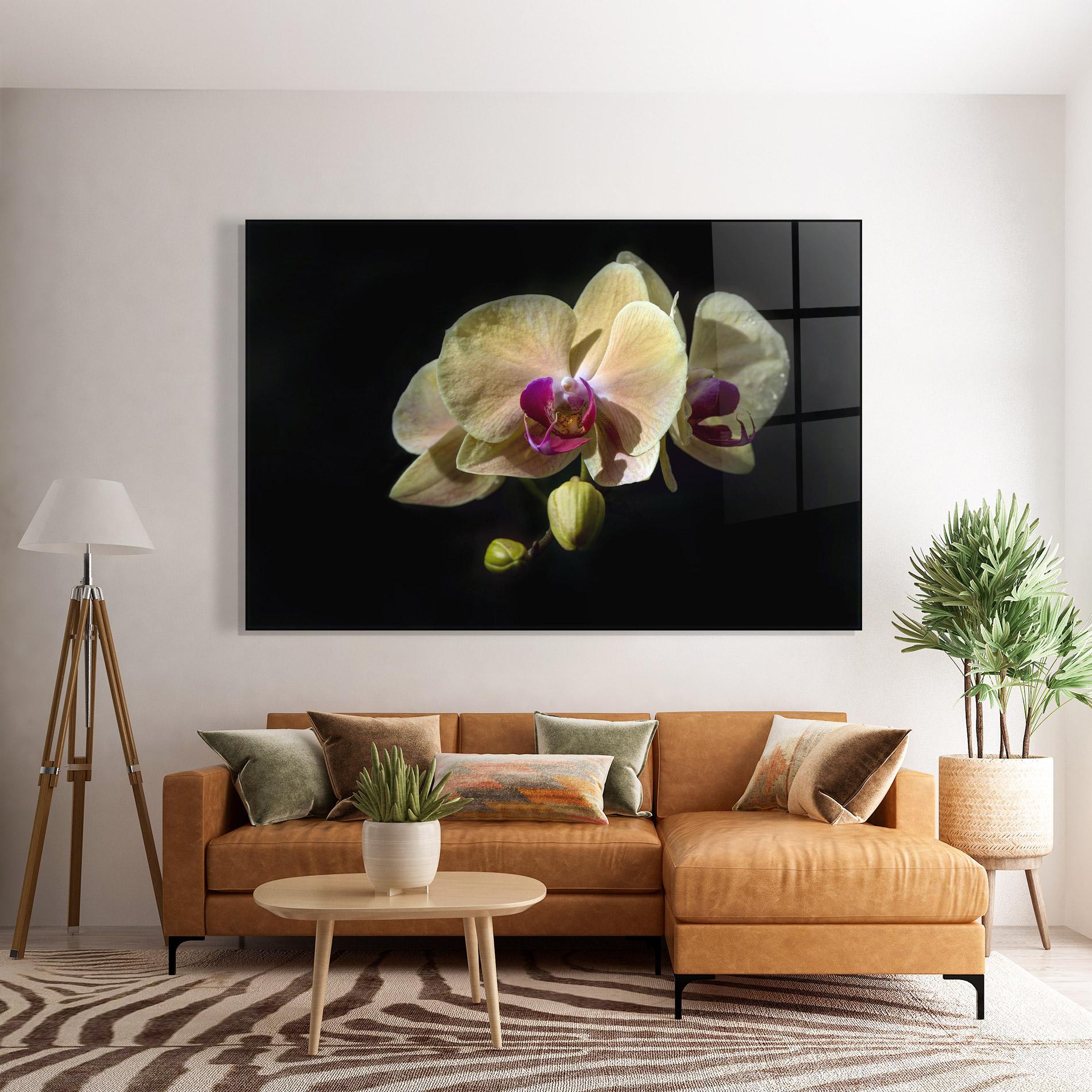 Glasbild Pastel Yellow Orchids mockup 7
