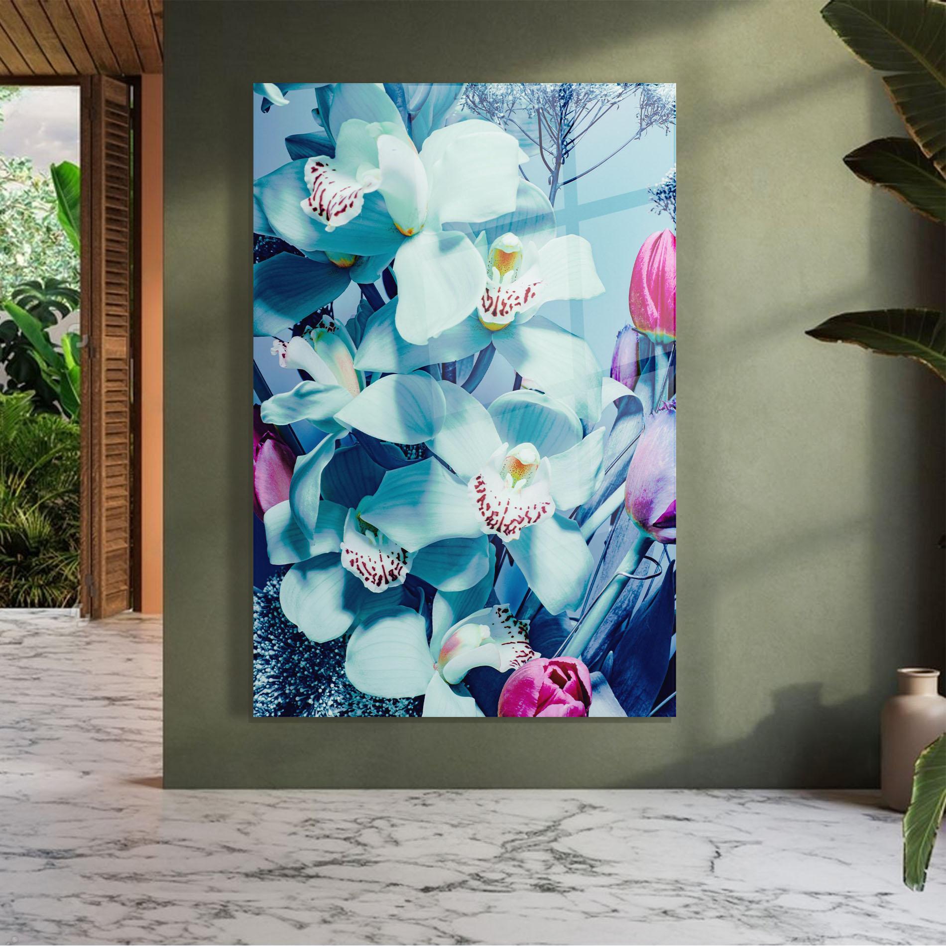 Glasbild Light Blue Orchids mockup 7