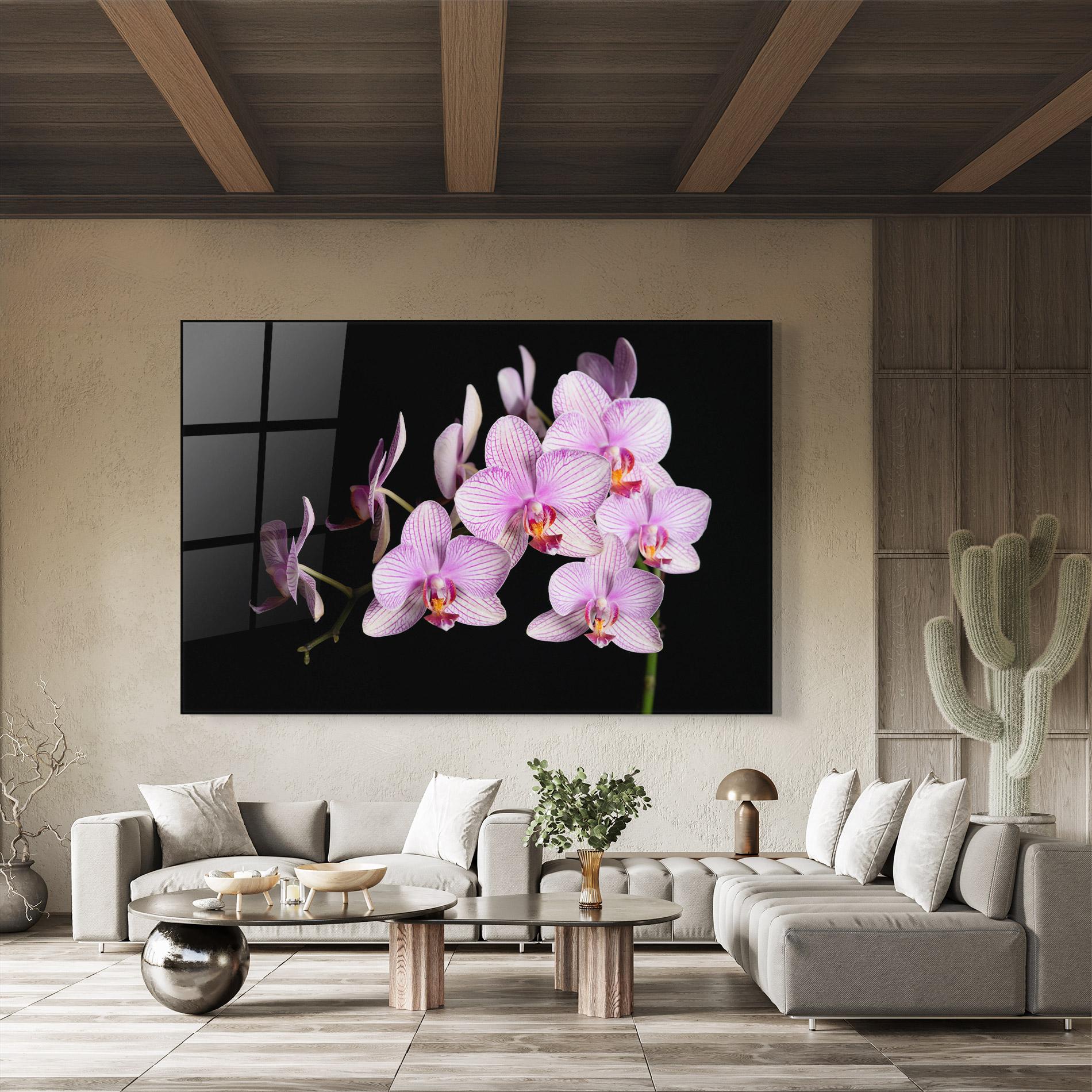 Glasbild Beautiful Orchids On Black mockup 8