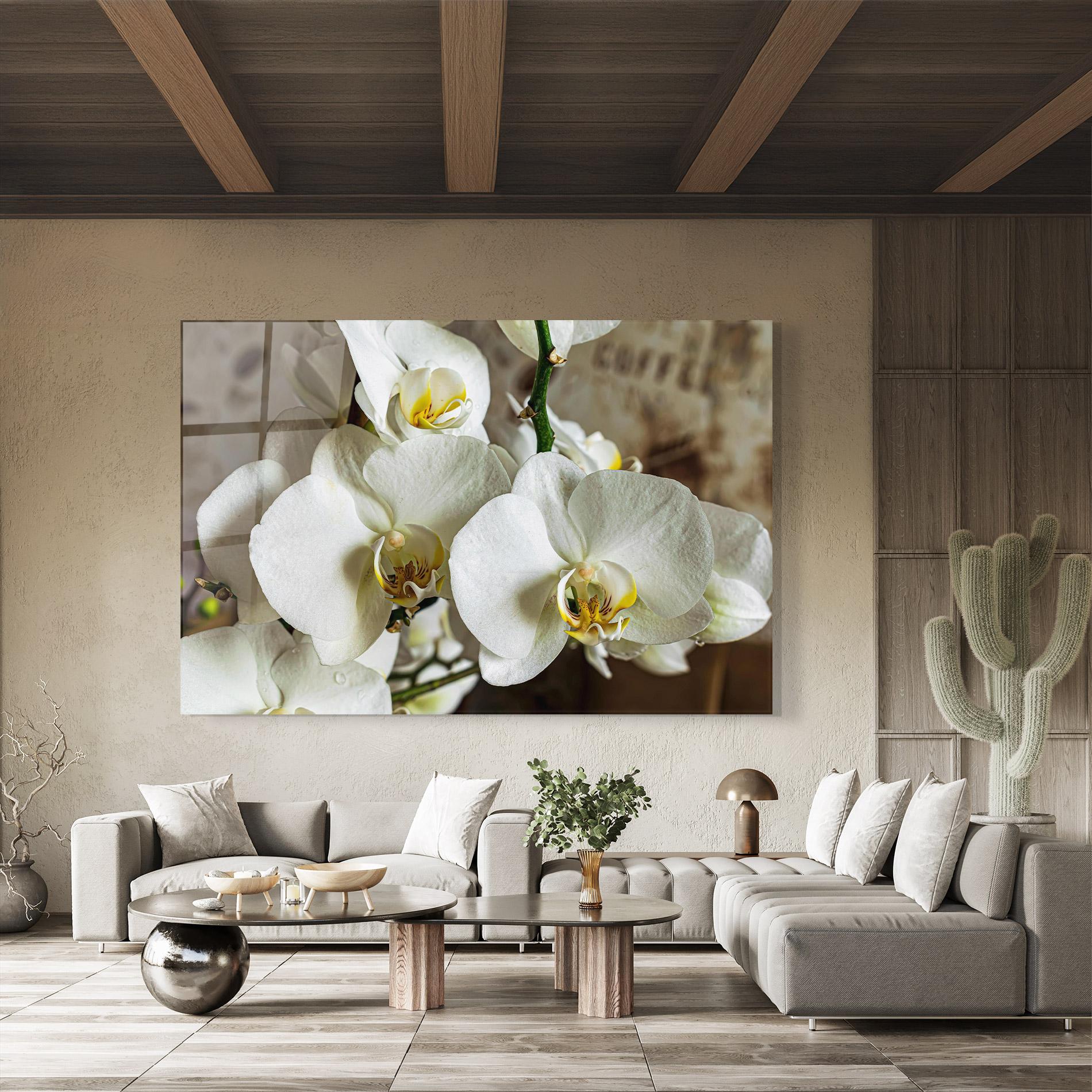 Glasbild Beautiful White Orchids mockup 8