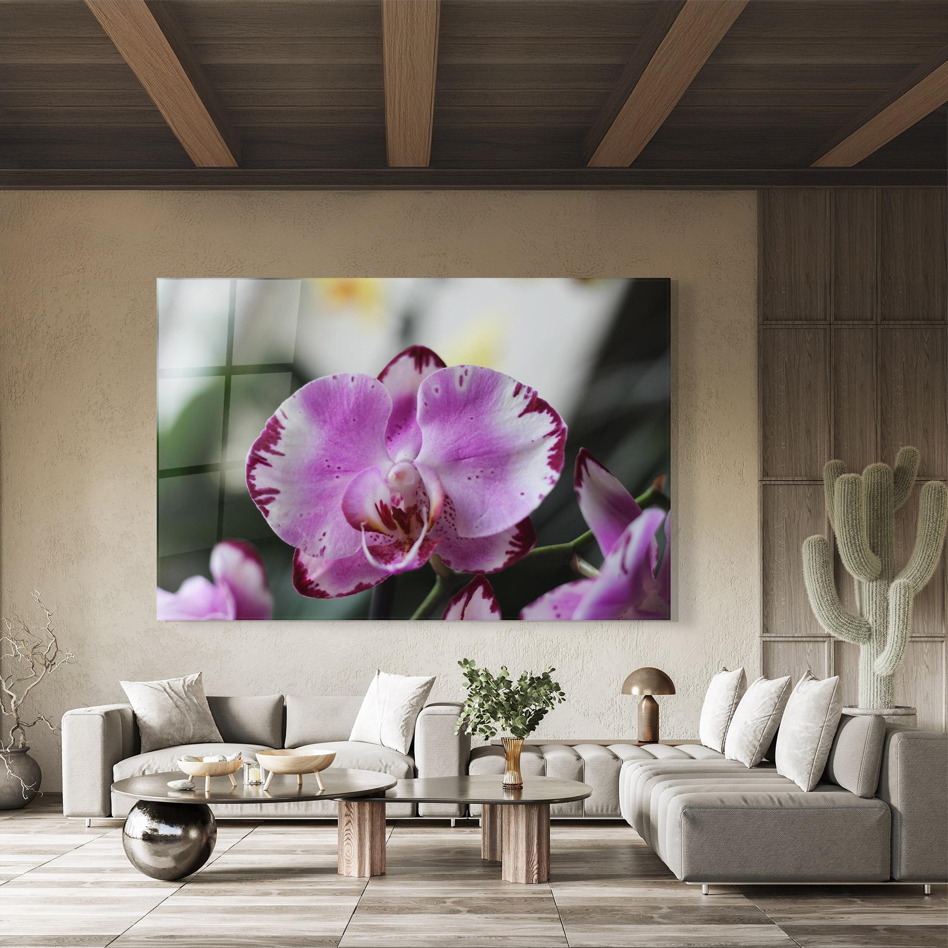 Glasbild Dark Purple Orchids In Nature mockup 8