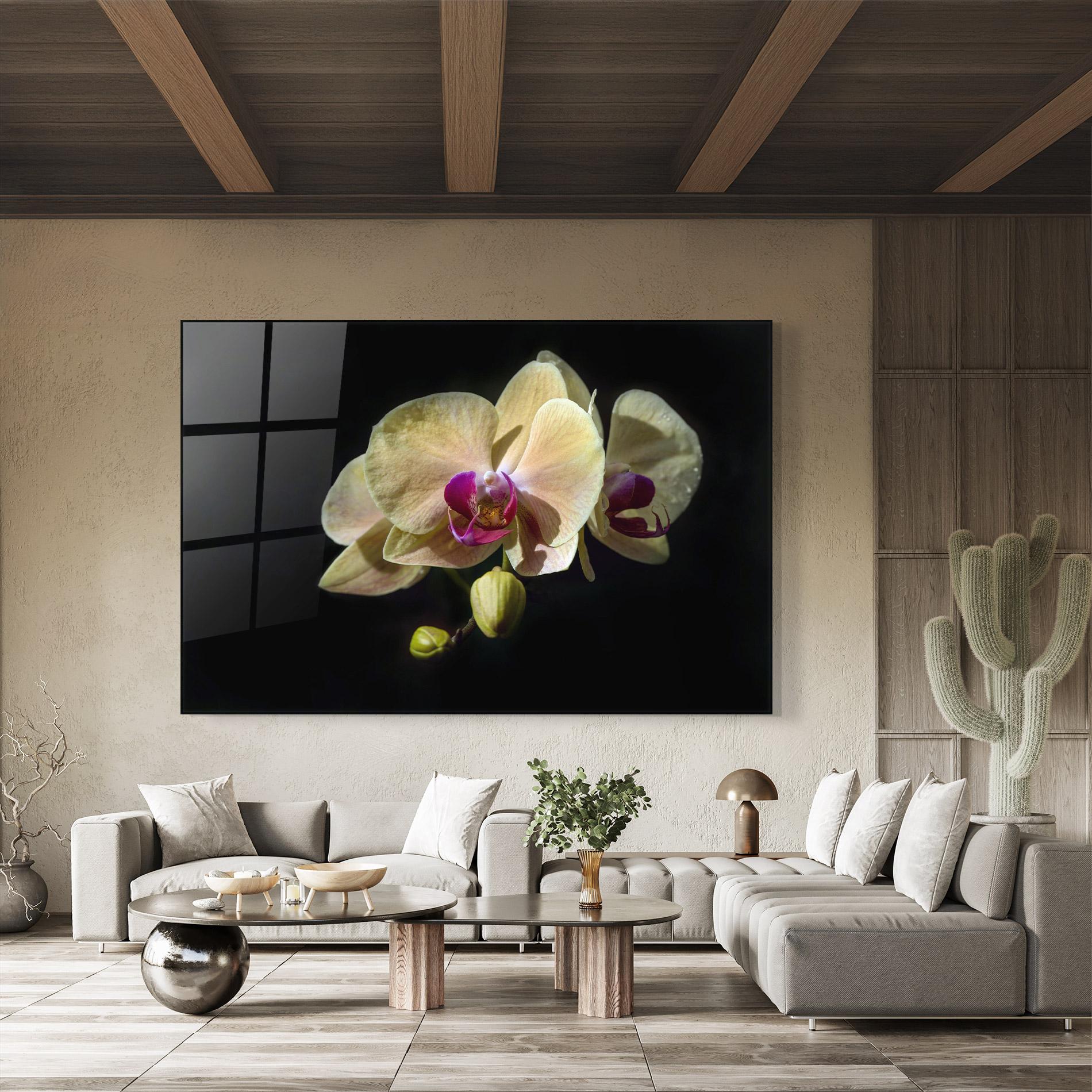 Glasbild Pastel Yellow Orchids mockup 8