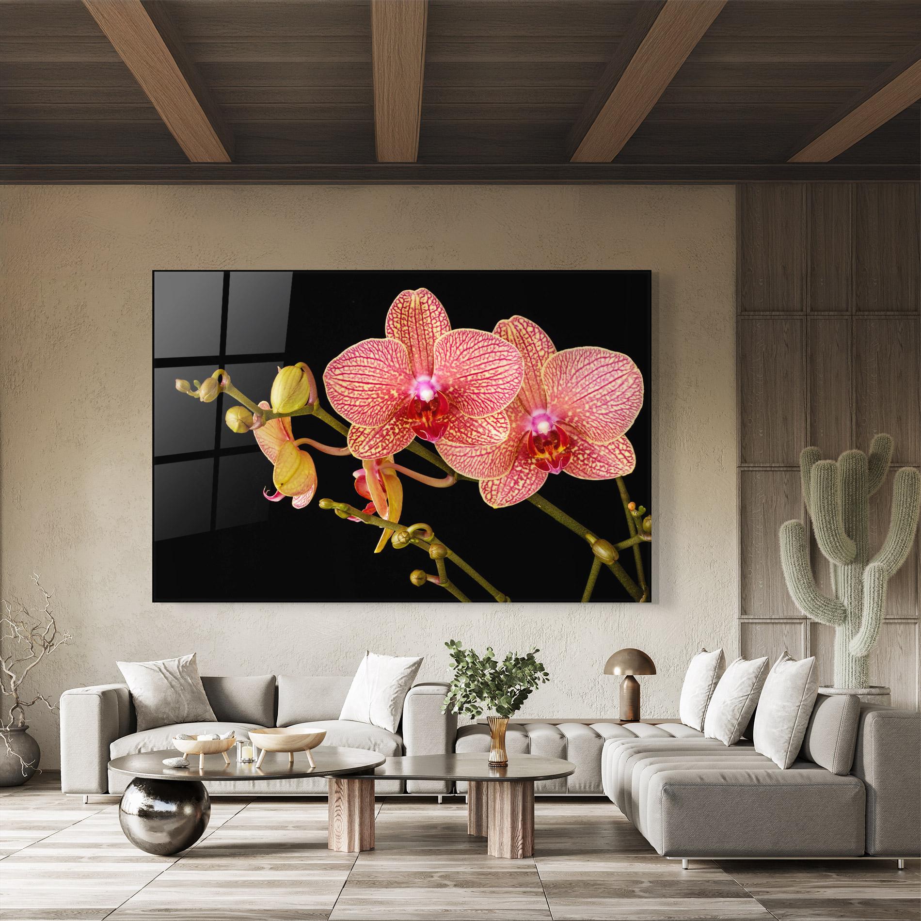 Glasbild Pink Orchids On Black mockup 8