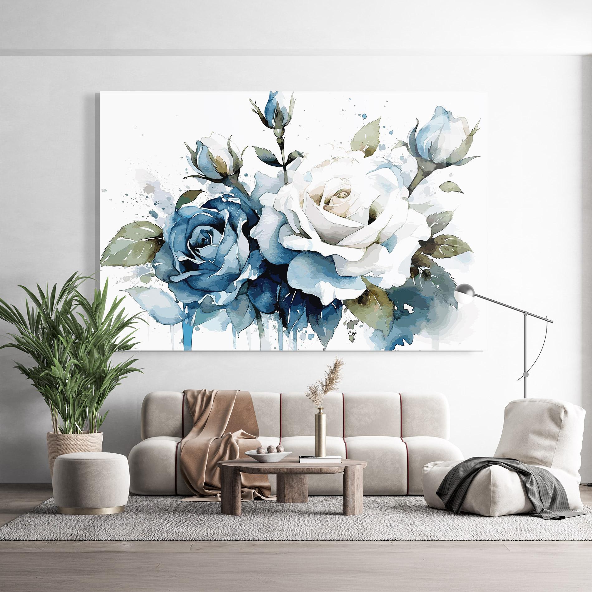 Glasbild Blue White Roses mockup 9