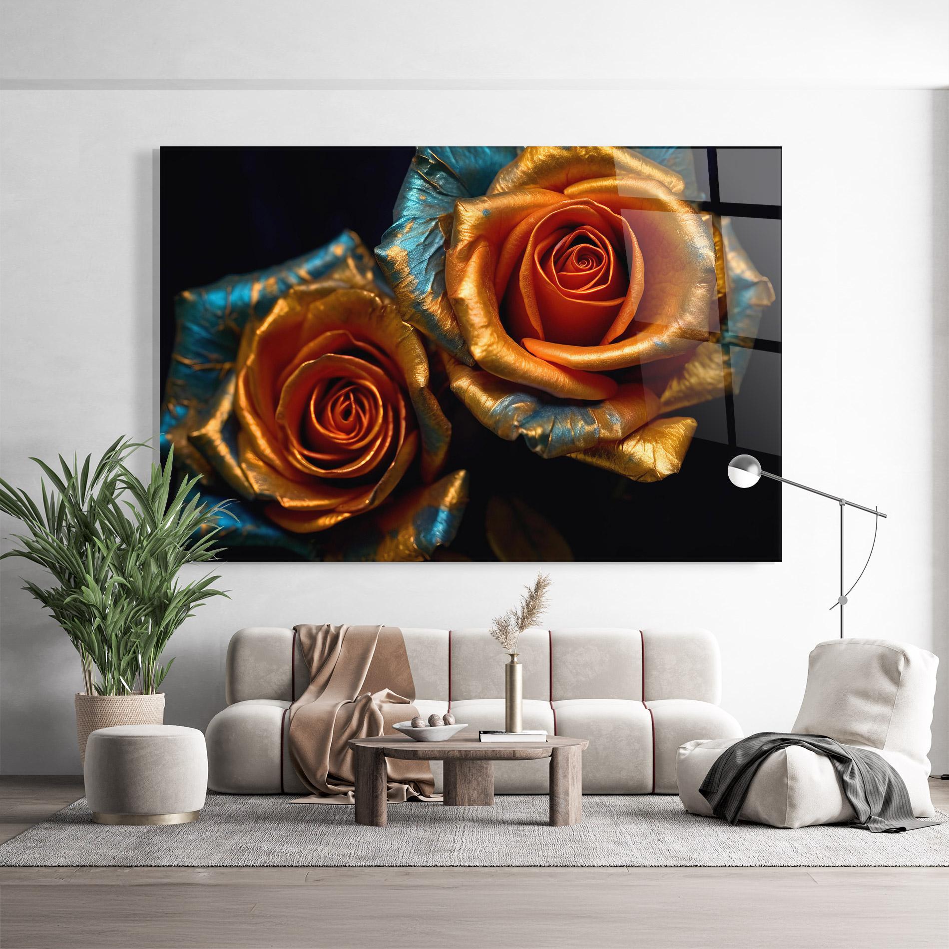 Glasbild Golden Blue Roses mockup 9