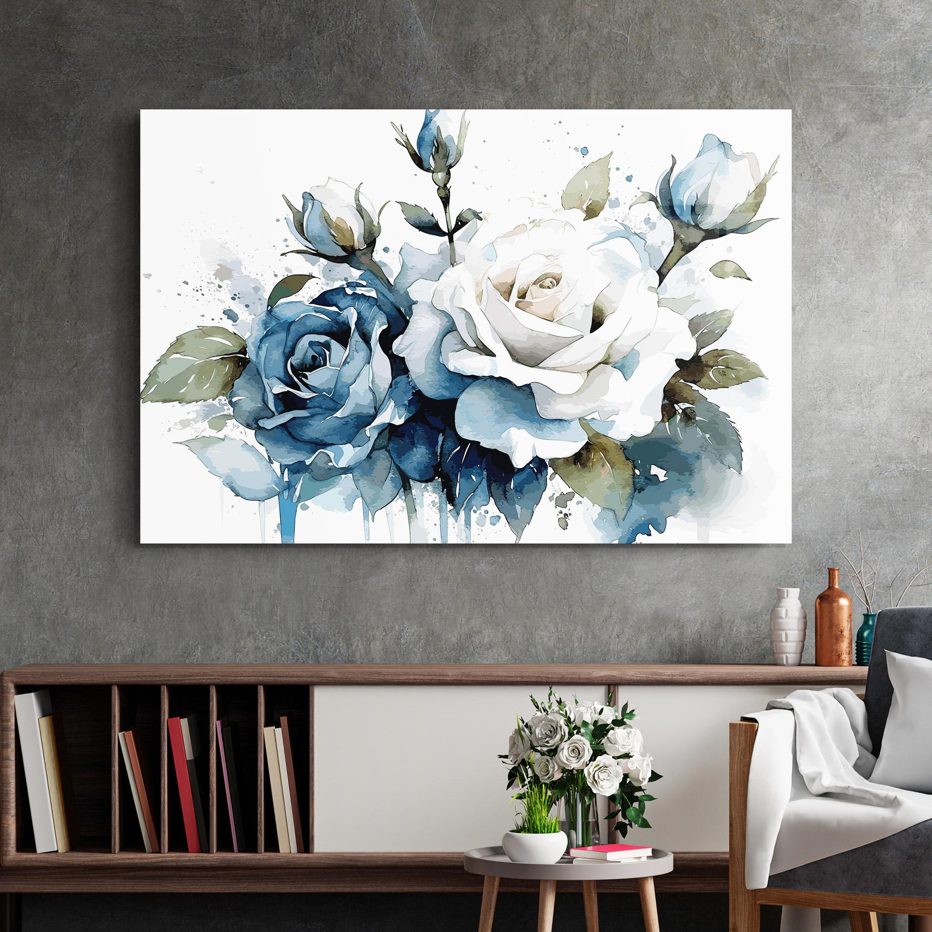 Glasbild Blue White Roses mockup 2