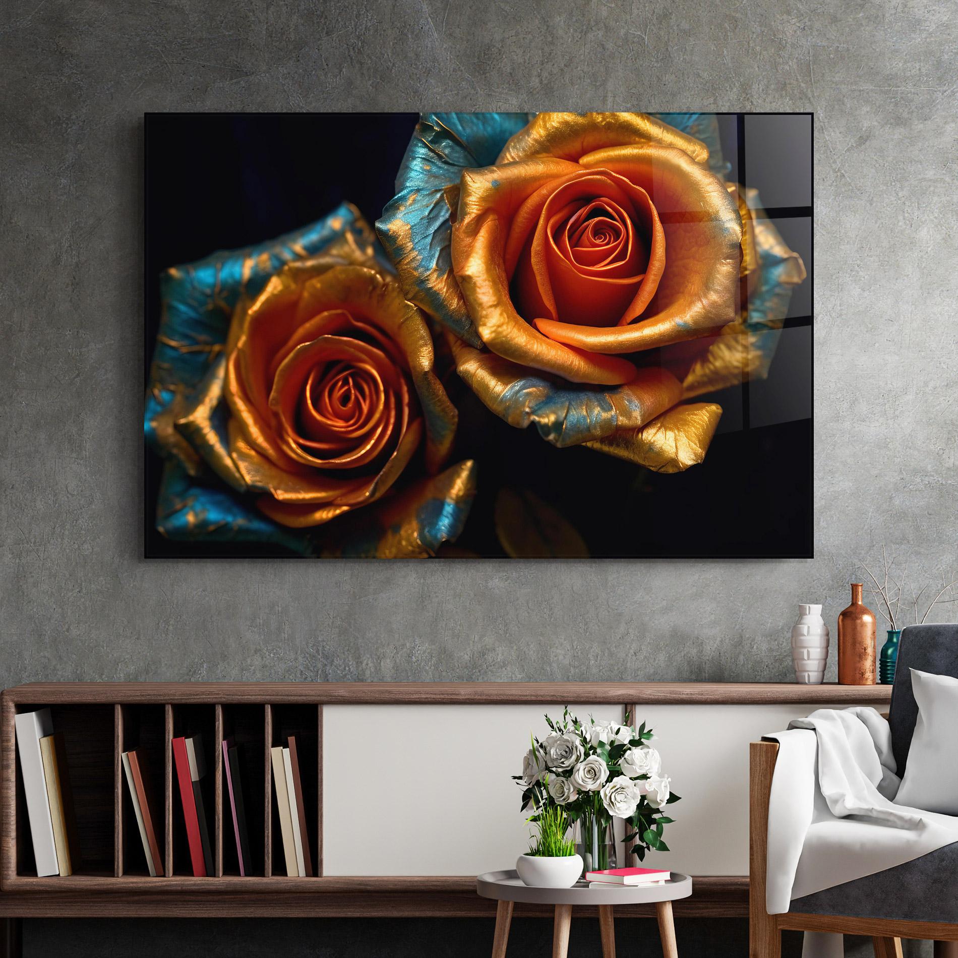 Glasbild Golden Blue Roses mockup 2