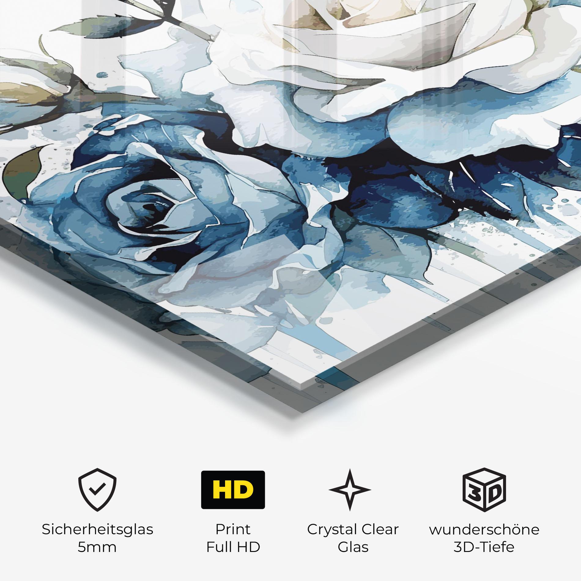 Glasbild Blue White Roses mockup 3