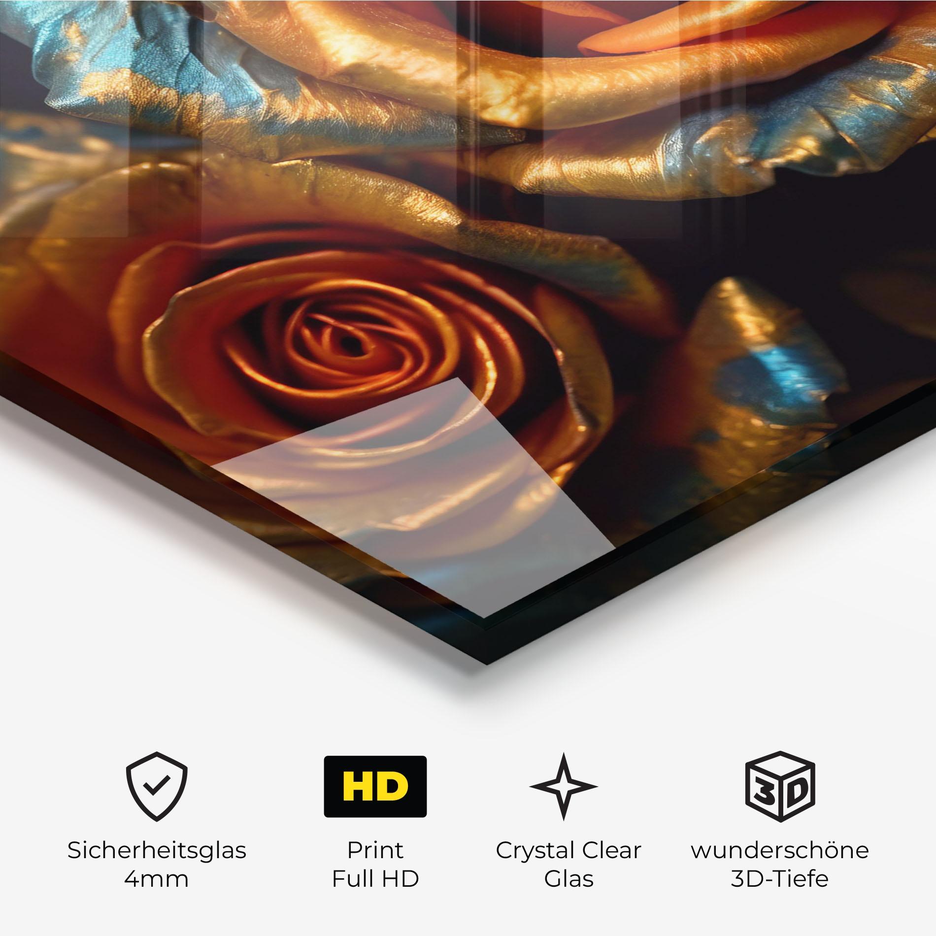 Glasbild Golden Blue Roses mockup 3