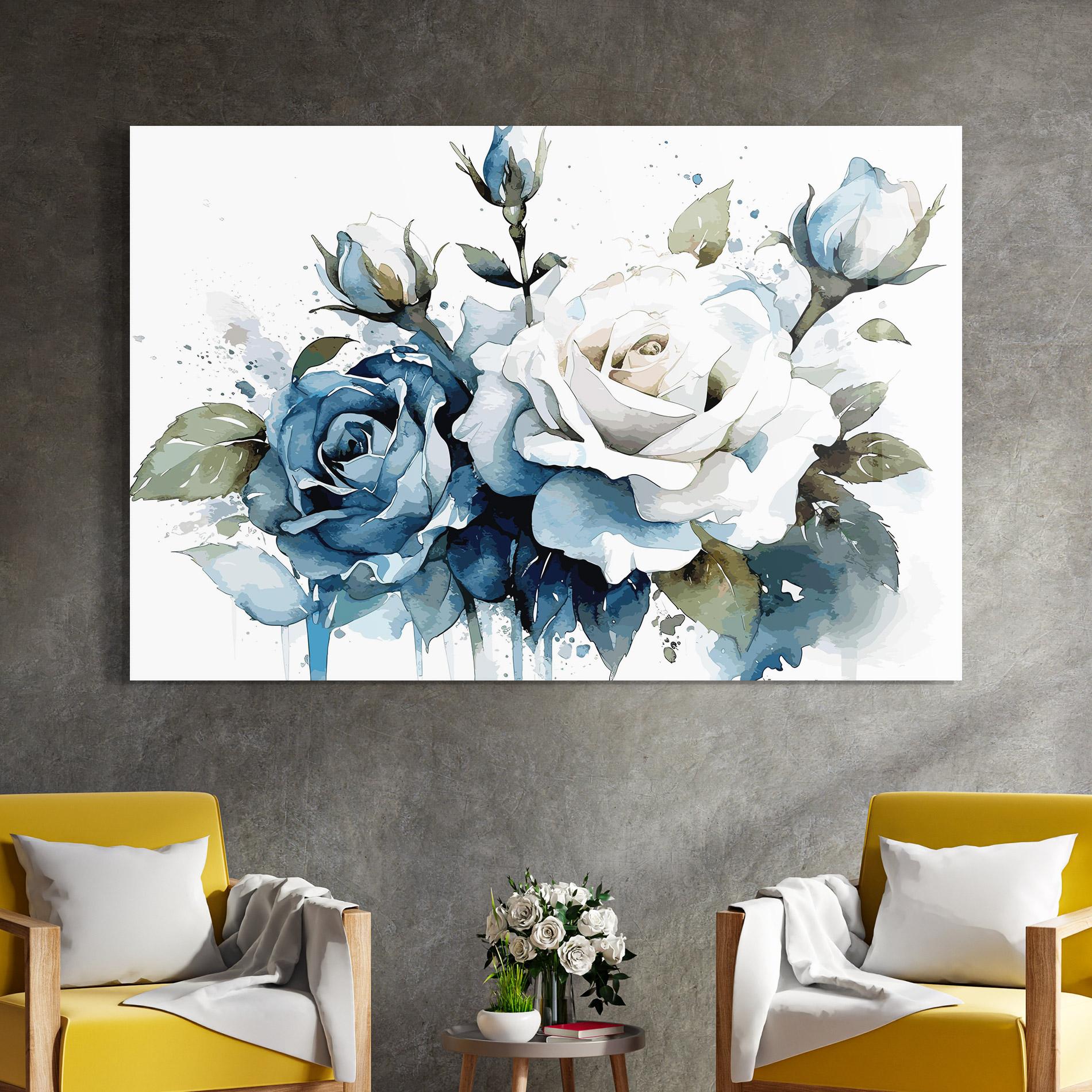Glasbild Blue White Roses mockup 4