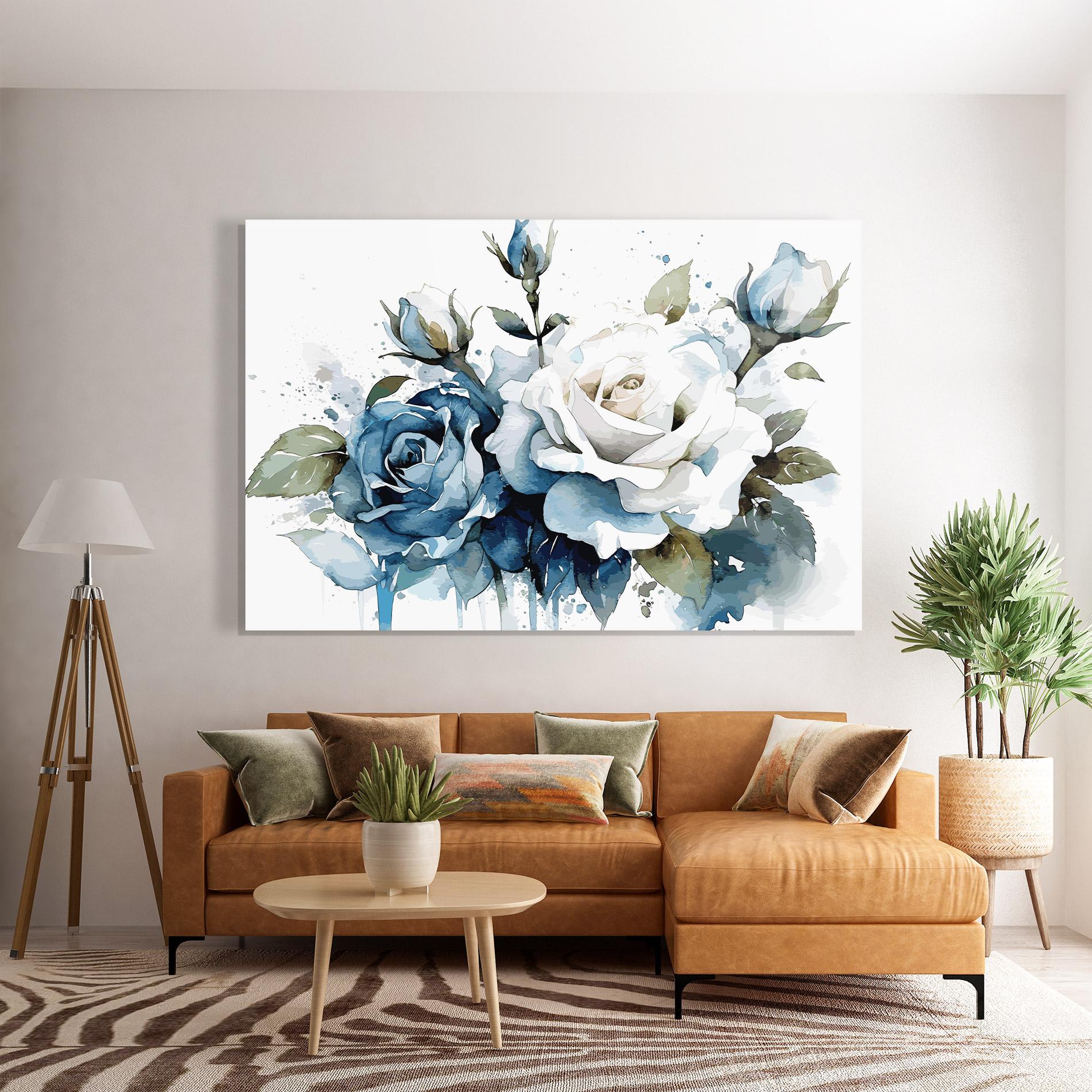 Glasbild Blue White Roses mockup 7