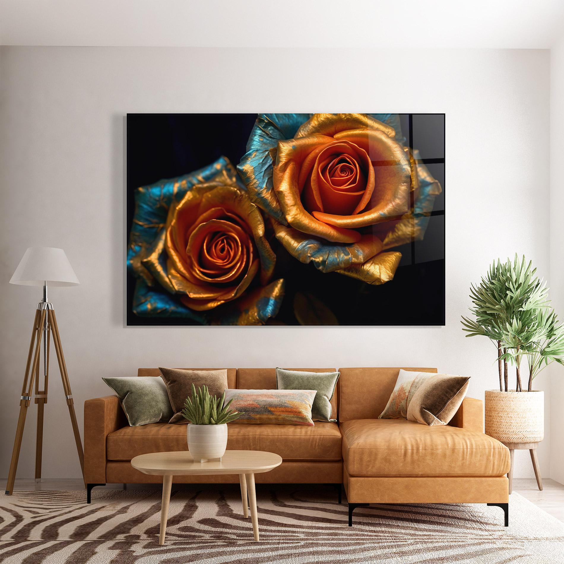 Glasbild Golden Blue Roses mockup 7