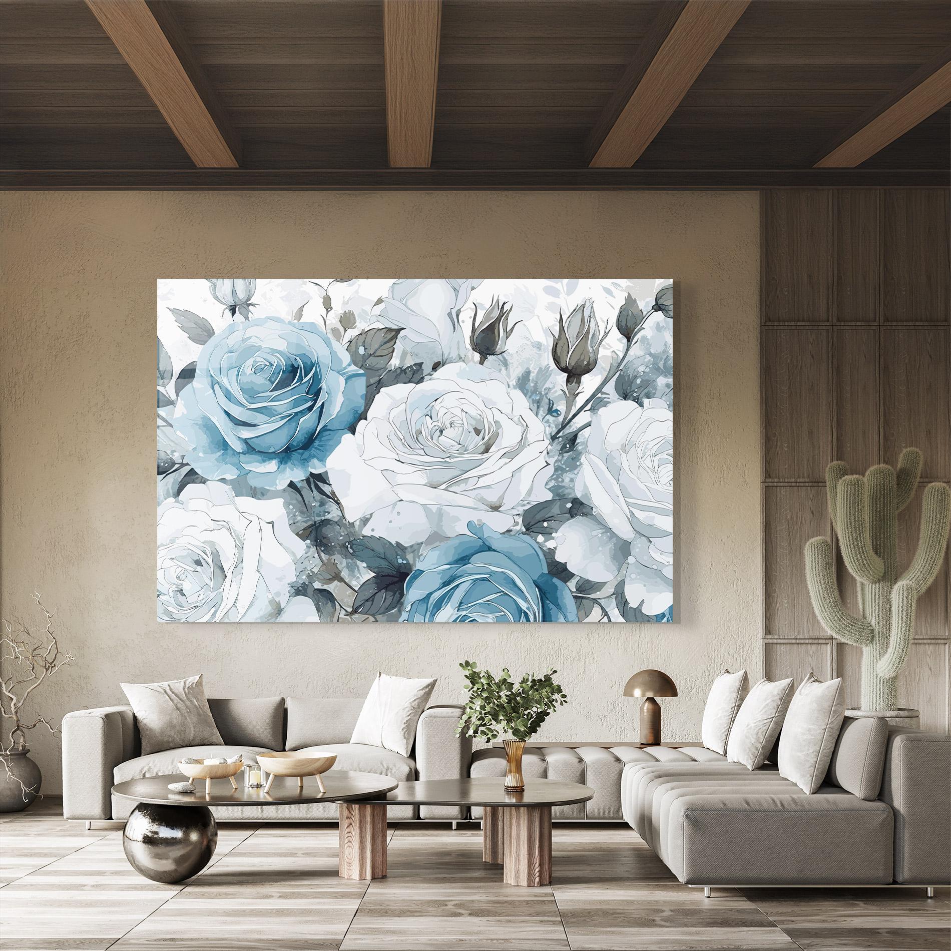 Glasbild Blue White Rose mockup 8