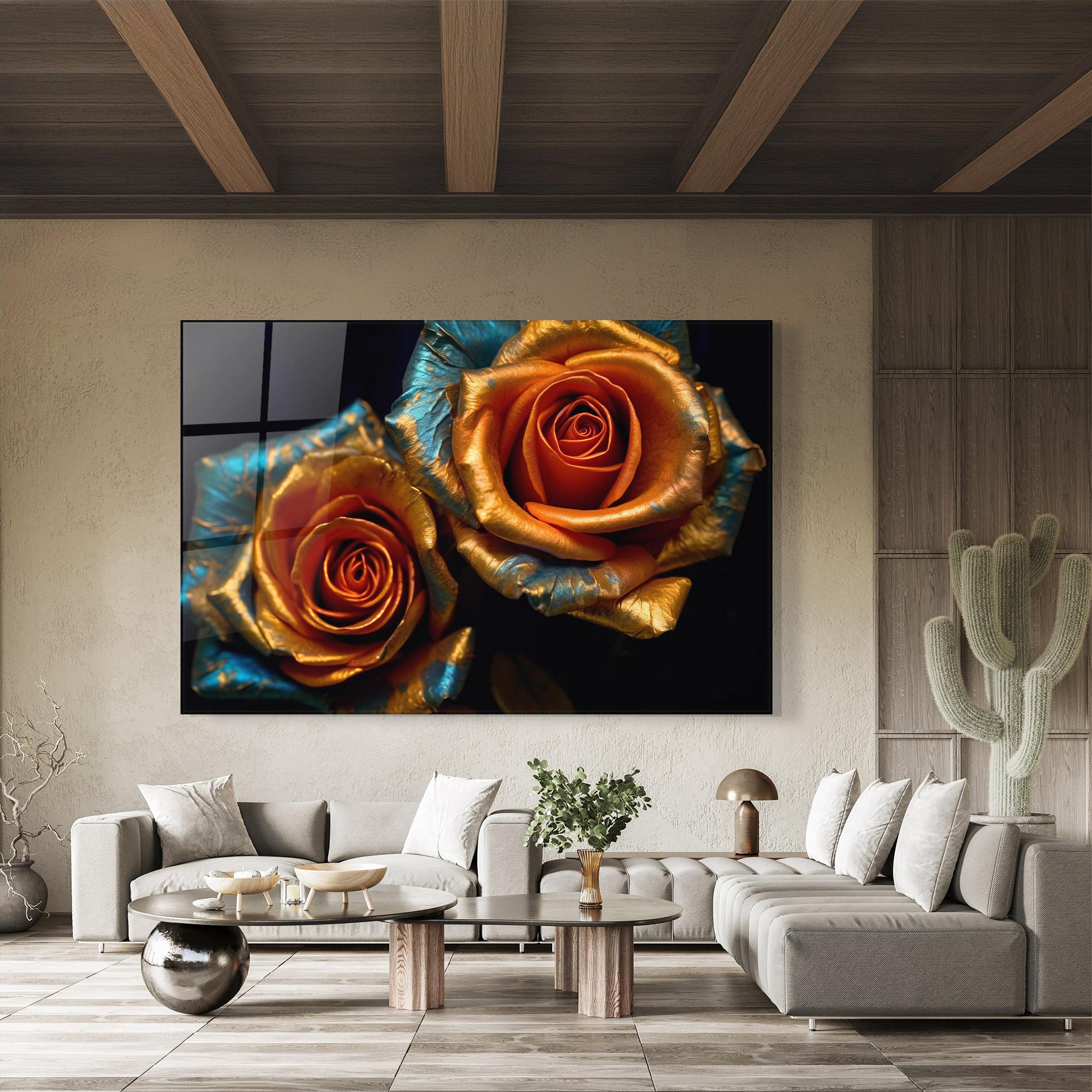 Glasbild Golden Blue Roses mockup 8