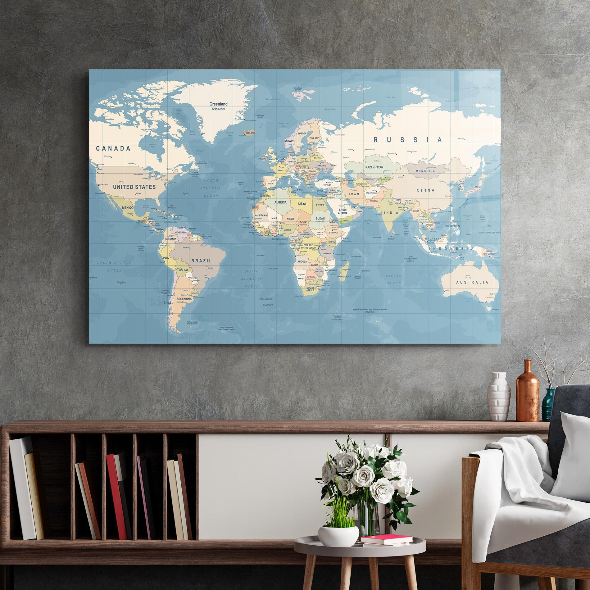 Glasbild Blue World Map mockup 2