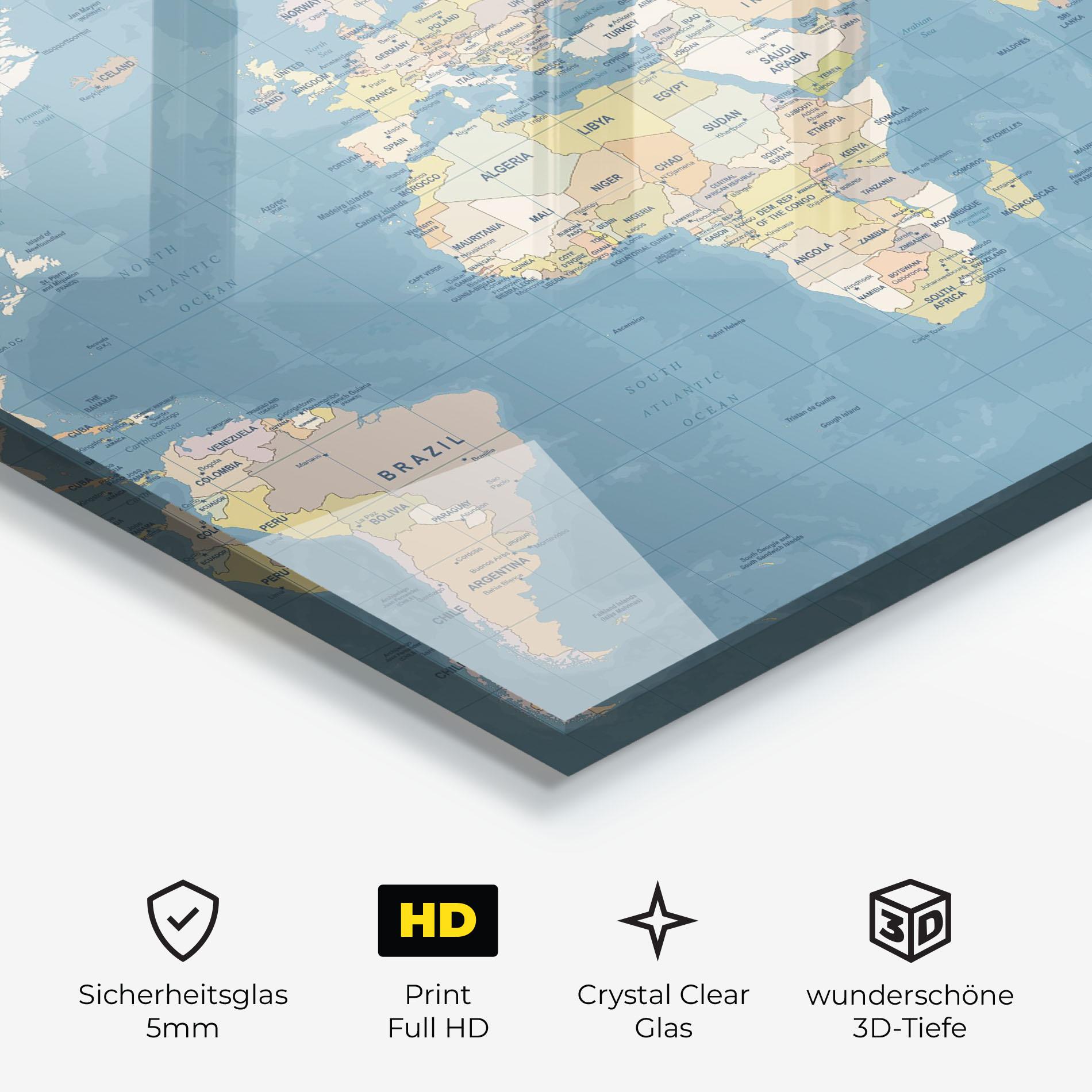 Glasbild Blue World Map mockup 3