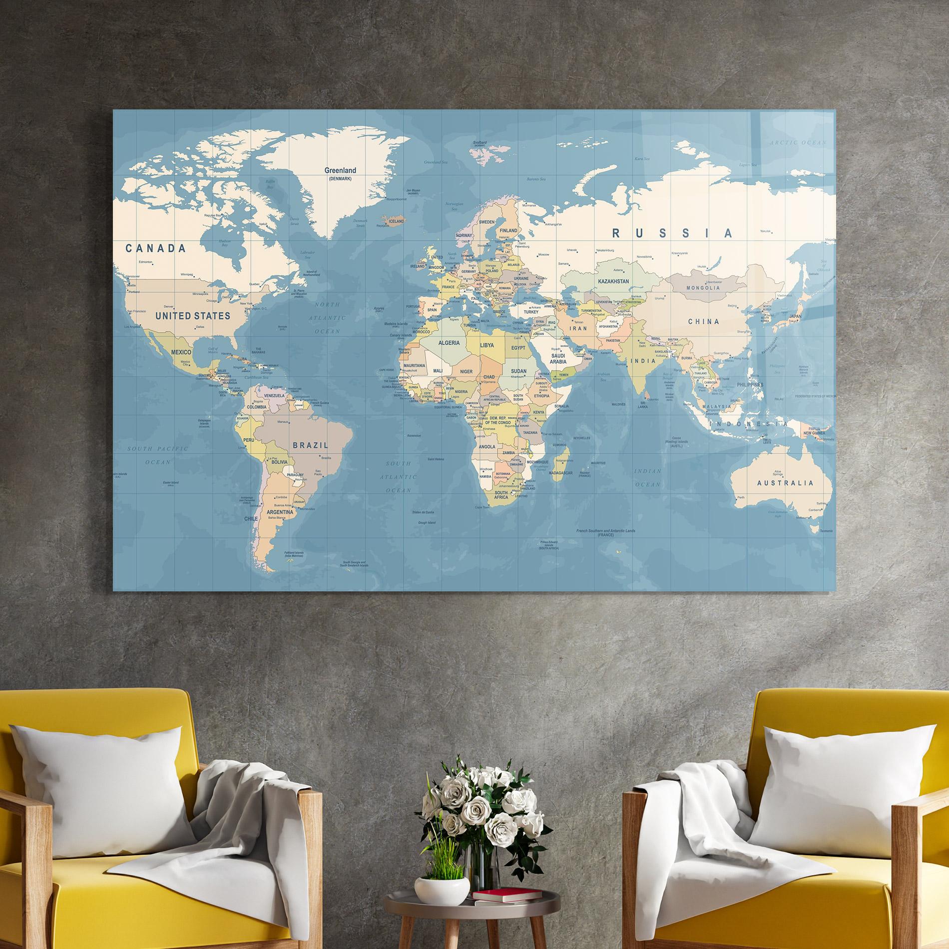 Glasbild Blue World Map mockup 4