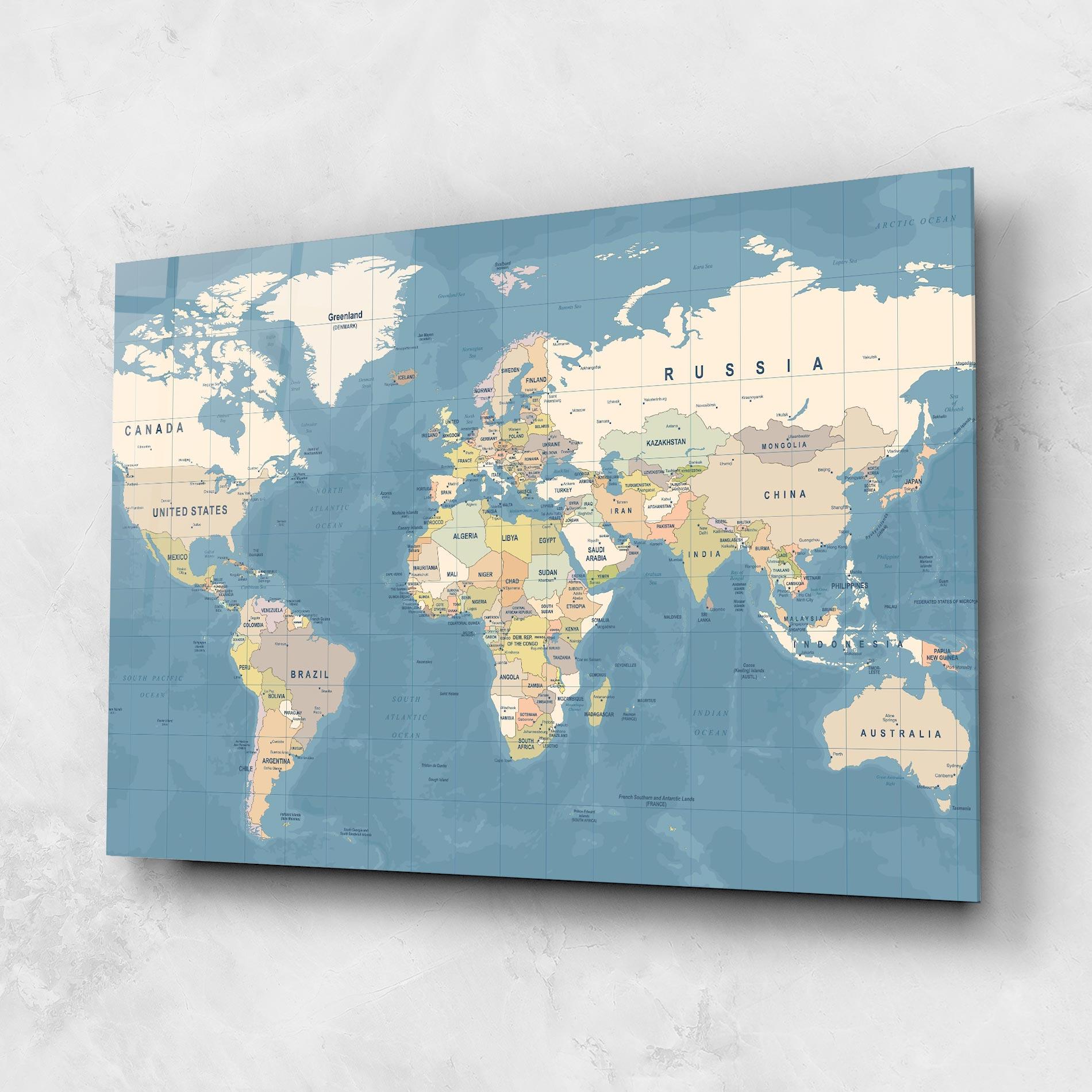 Glasbild Blue World Map mockup 1