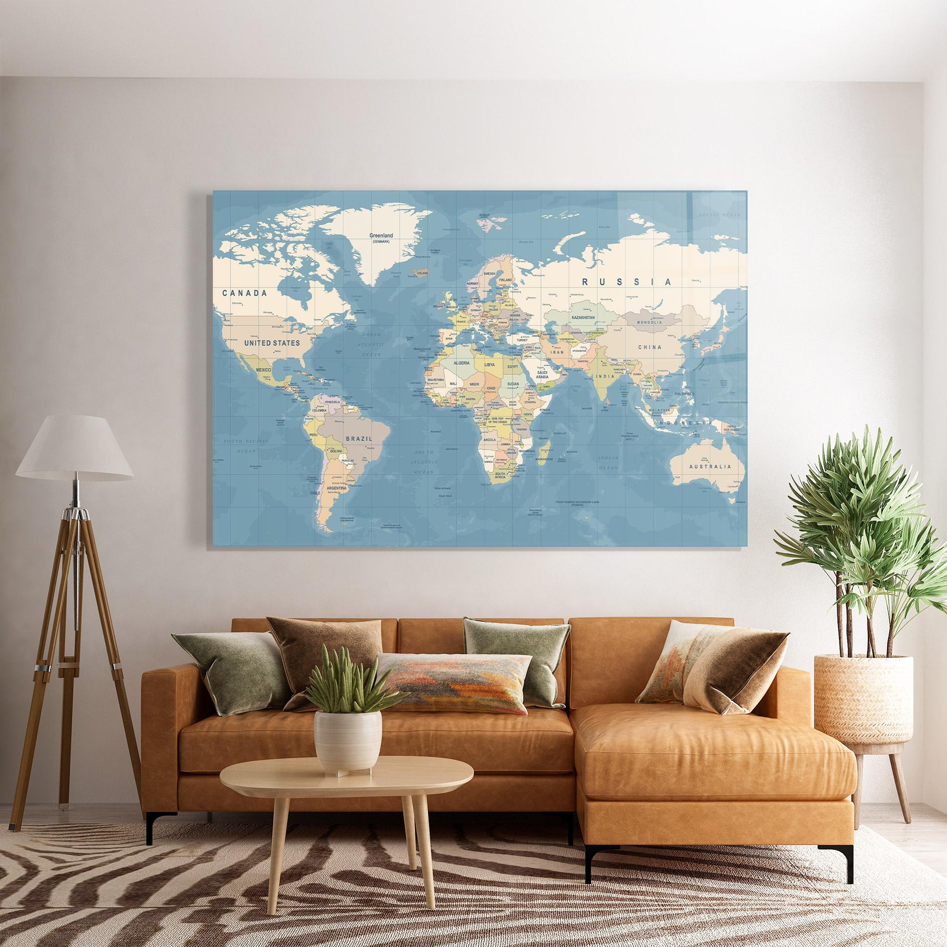 Glasbild Blue World Map mockup 7