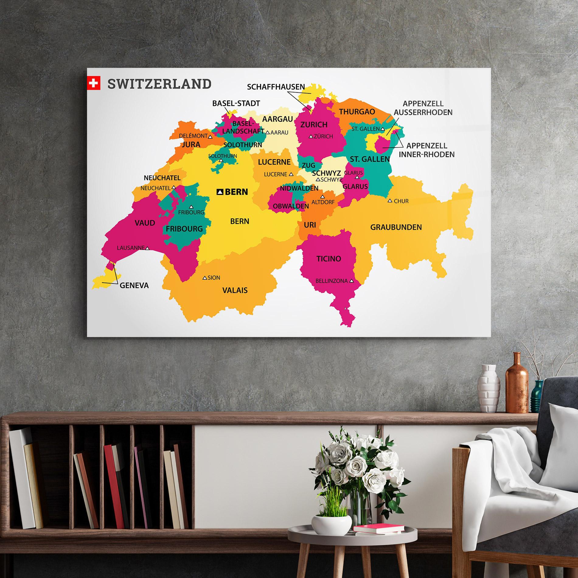 Glasbild Switzerland Colorful Map mockup 2