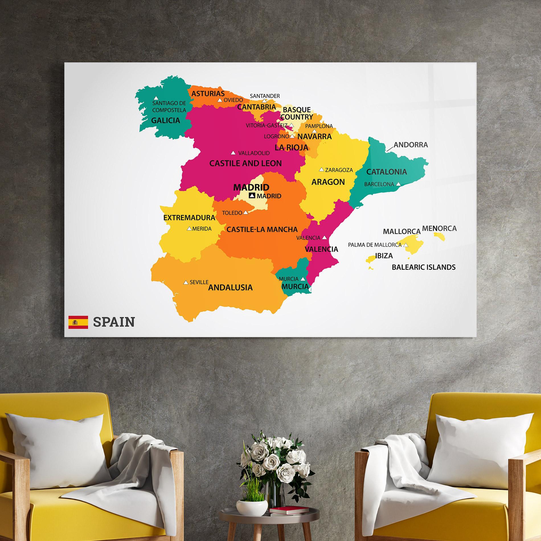 Glasbild Spain Colorful Map mockup 4