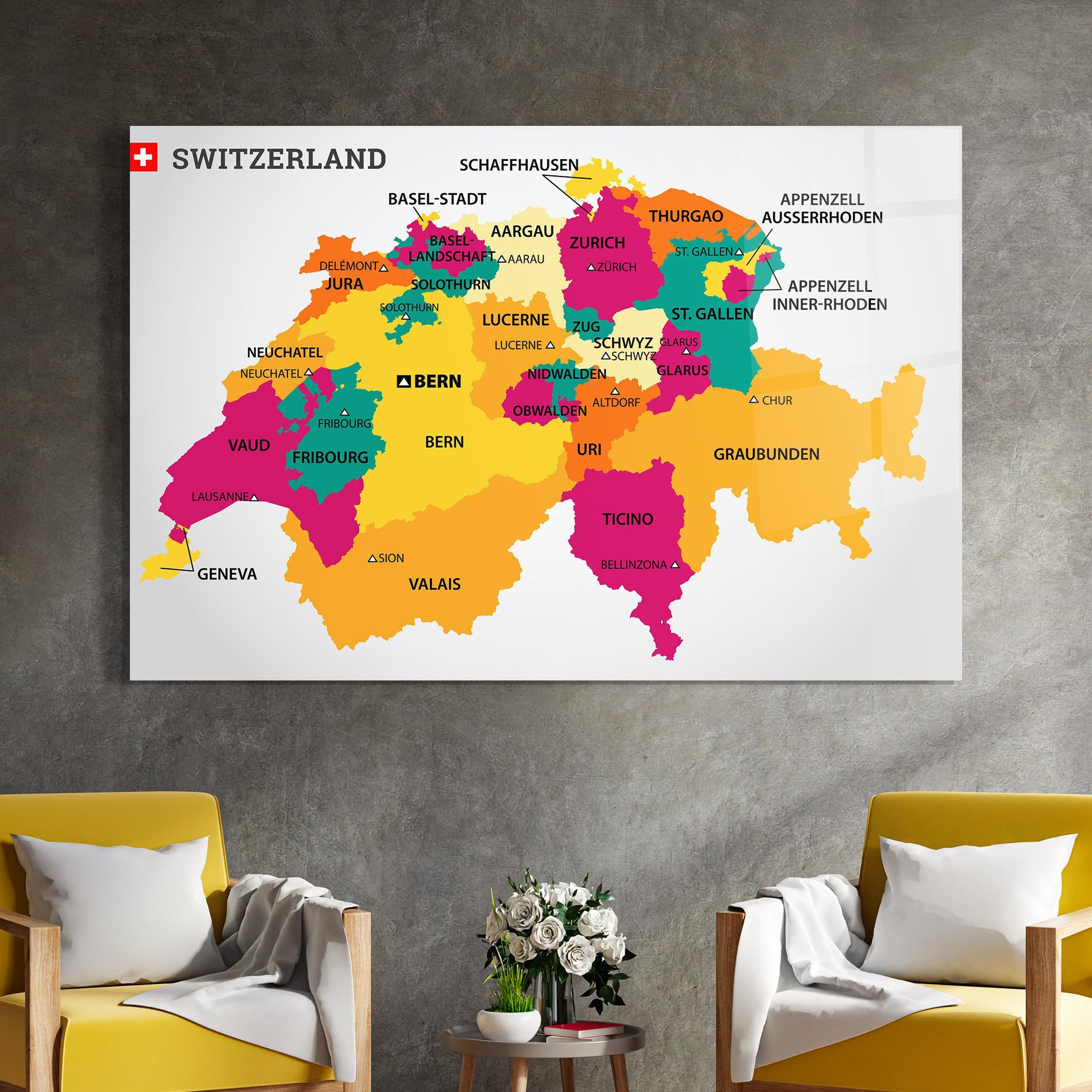 Glasbild Switzerland Colorful Map mockup 4