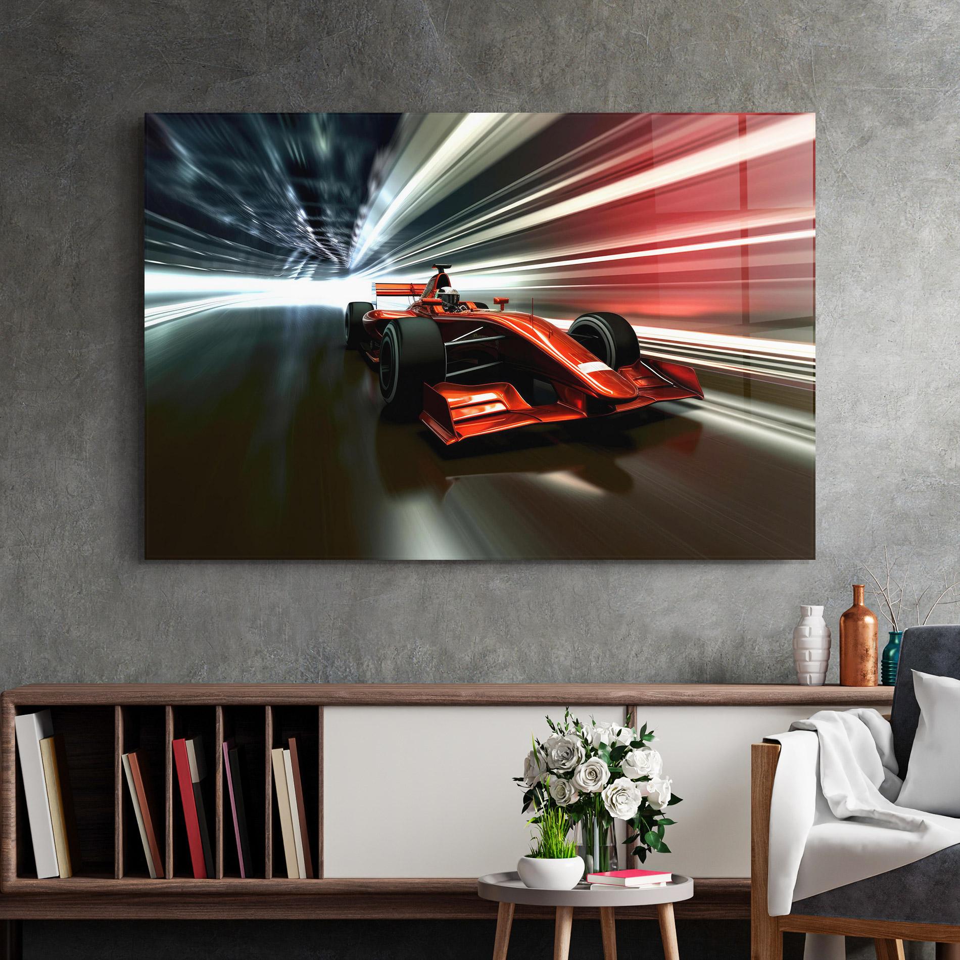 Glasbild Red F1 Fast Car mockup 2