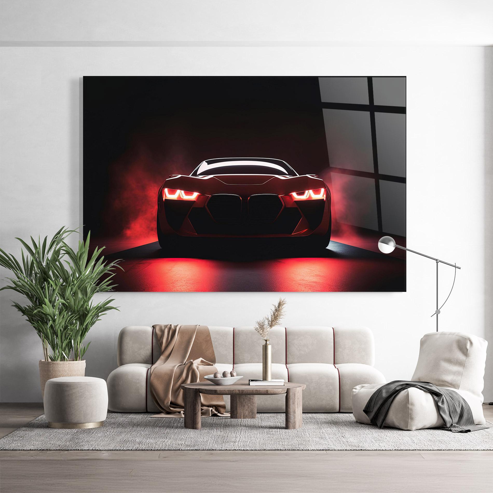 Glasbild Red Bmw In Smoke mockup 9